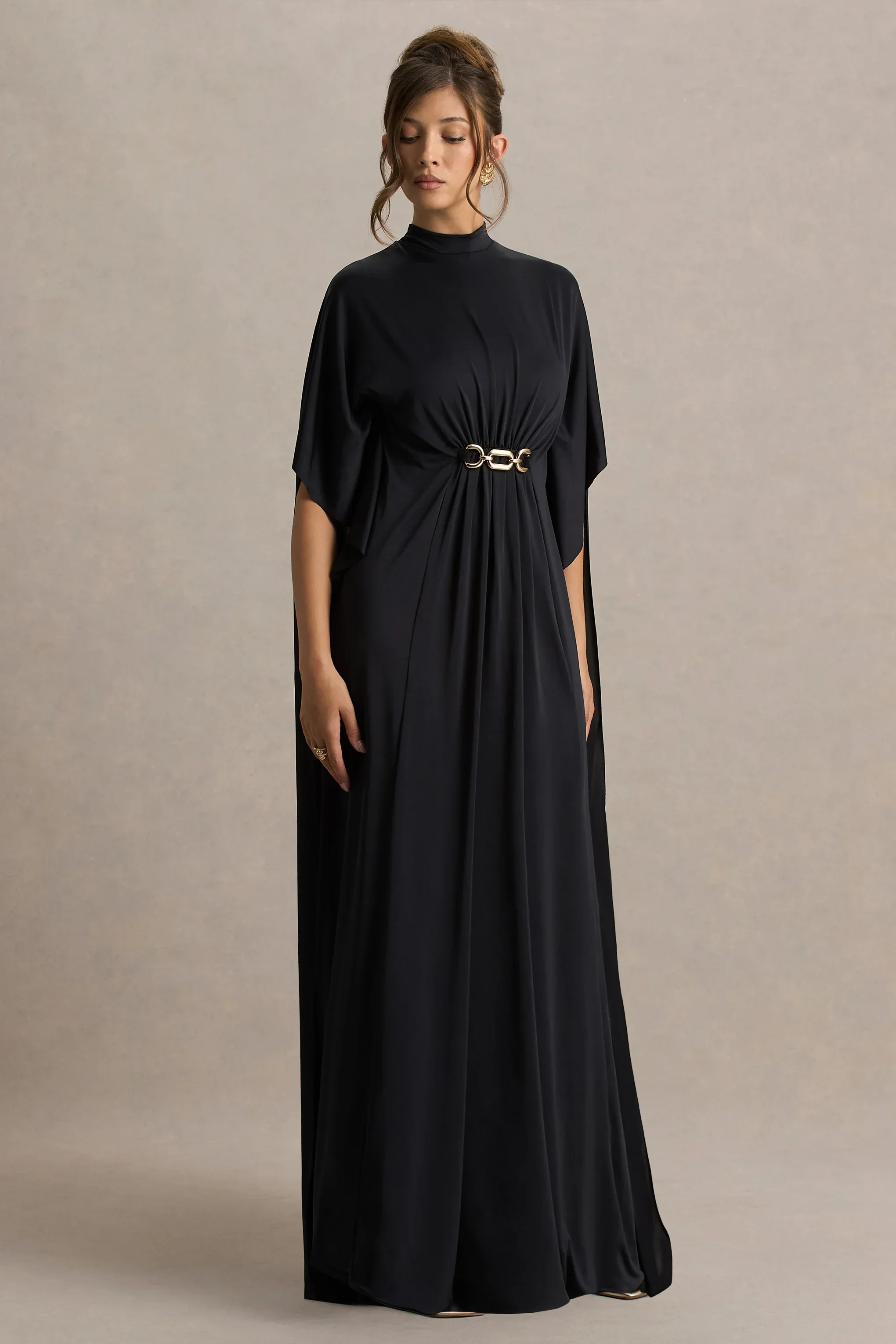 Olessia | Black Belted Gathered Cape-Sleeve Maxi Dress