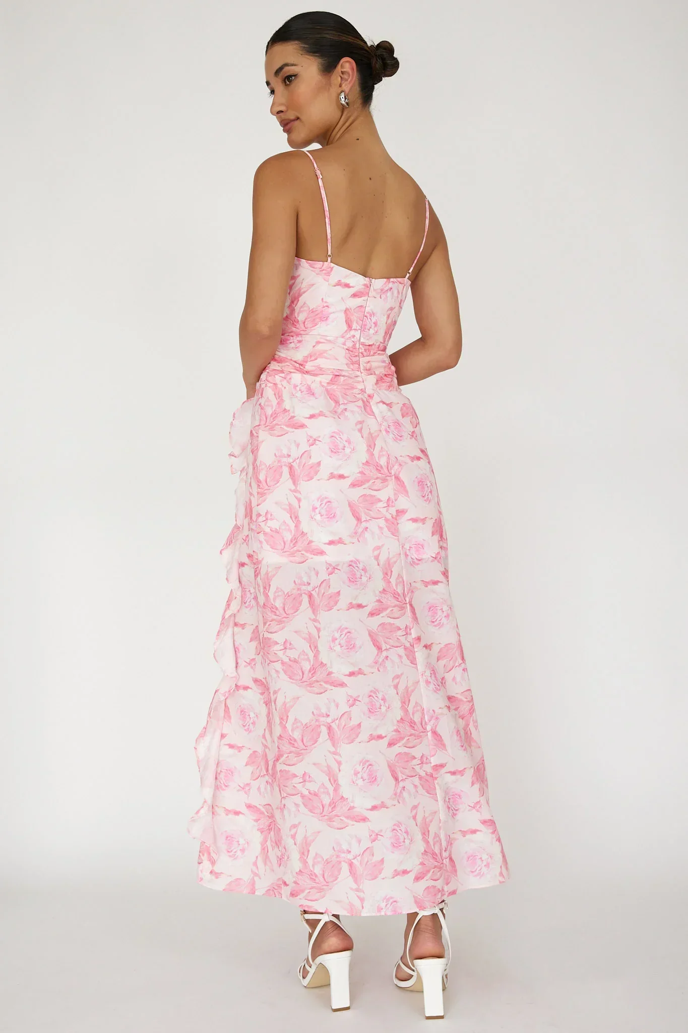 Serif Ruffle Trim Split Maxi Dress Pink