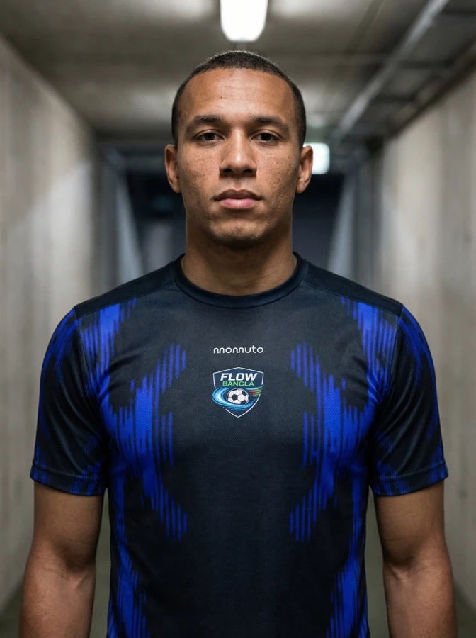 Custom blue football kit with geometric pattern — MOMUTO teamwear