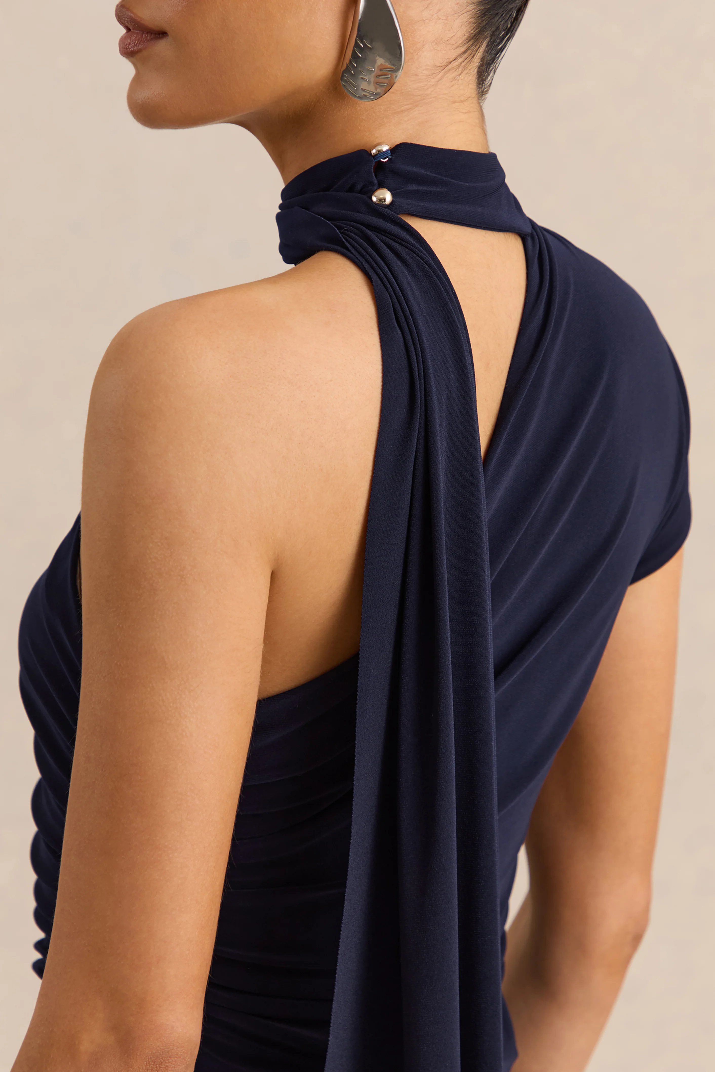 Lythara | Navy Asymmetric-Neck Midi Dress With Scarf-Detail