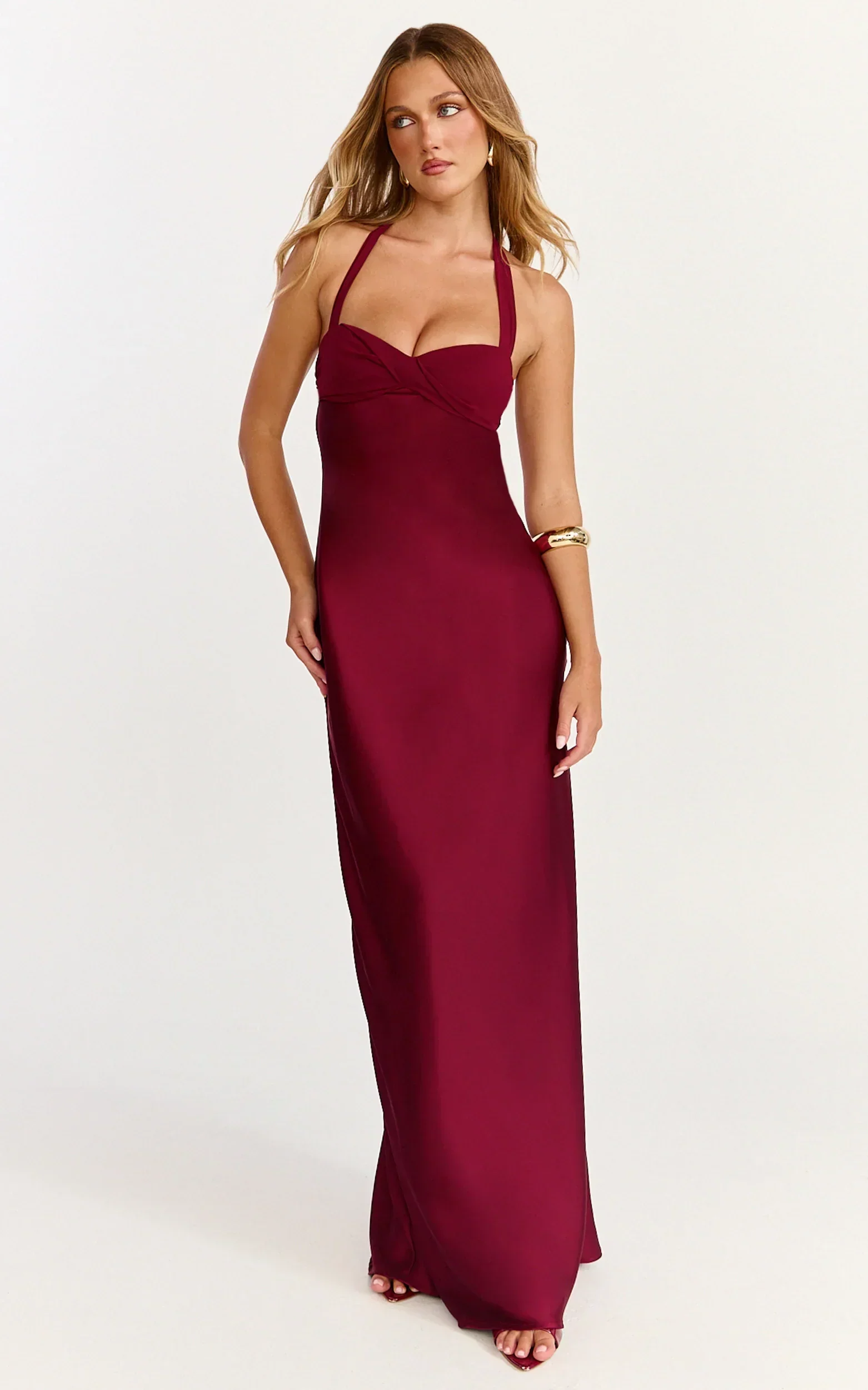 Flynn Maxi Dress - Satin Halter Sweetheart Neck Dress in Wine - luluinthesky