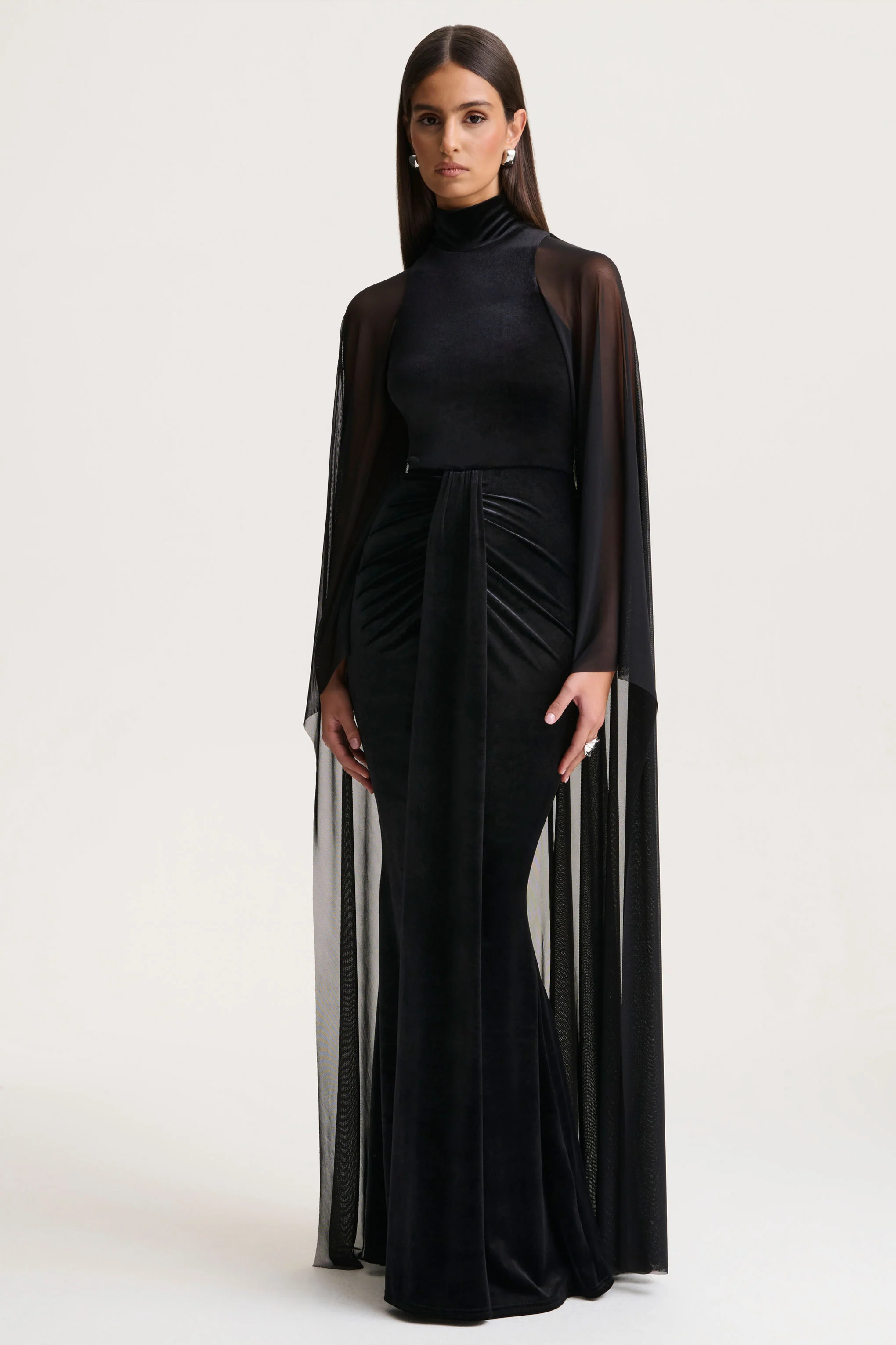 Adoring | Black Velvet High-Neck Maxi Dress With Cape