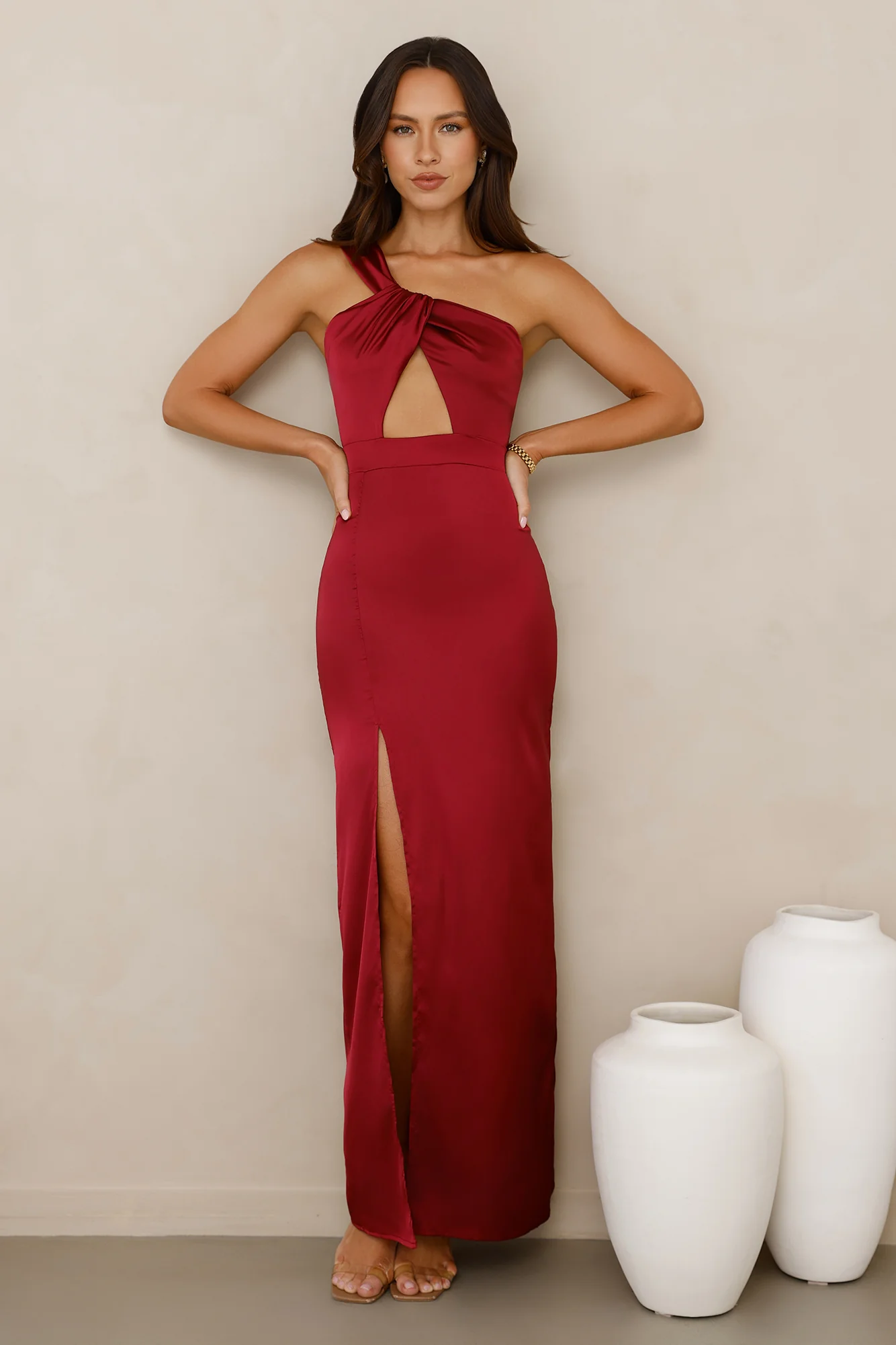 Strong Desire Satin One Shoulder Maxi Dress Burgundy