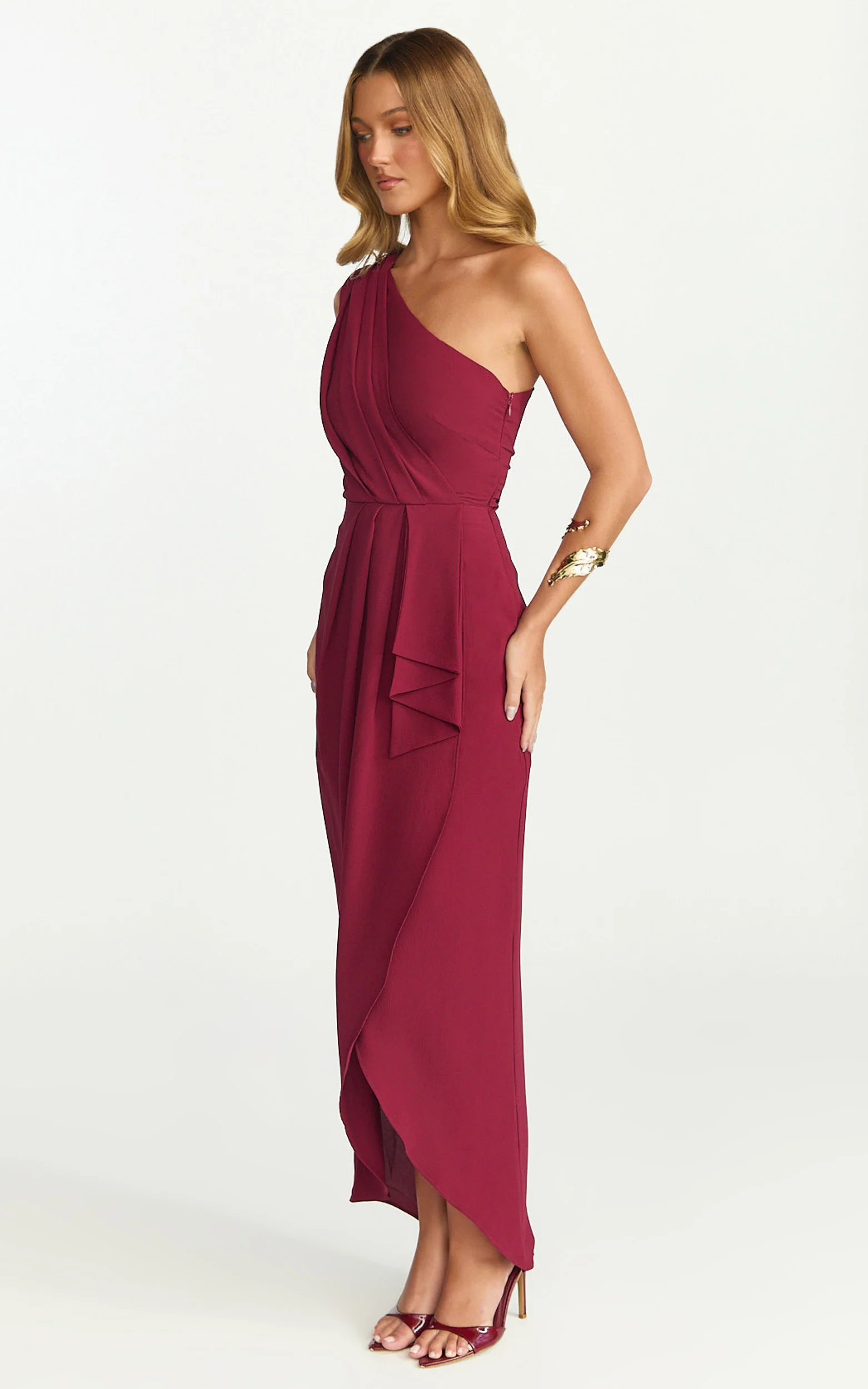Namaari Midi Dress - Faux Wrap One Shoulder Dress in Wine