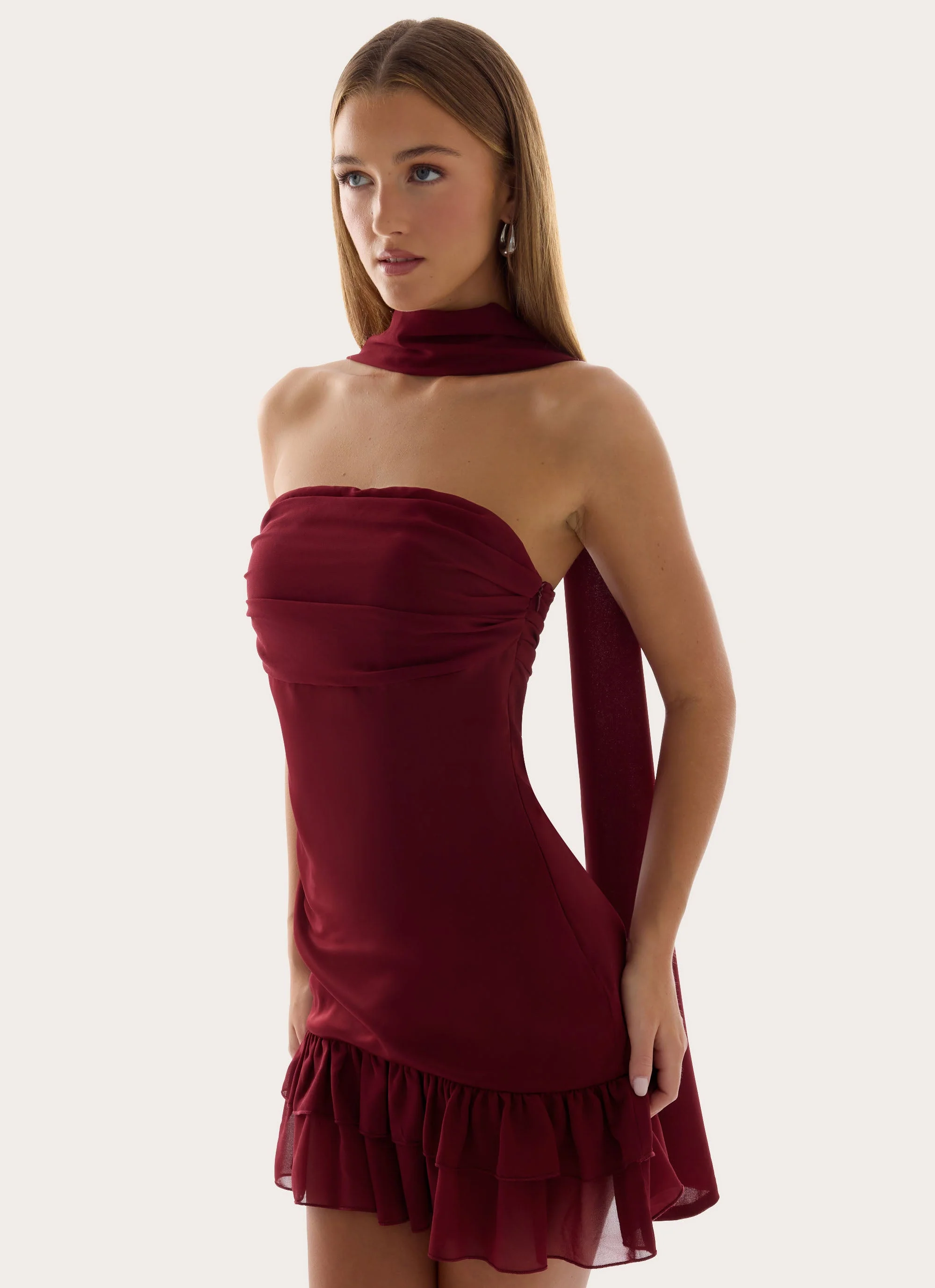 Manon Scarf Mini Dress - Deep Red - luluinthesky