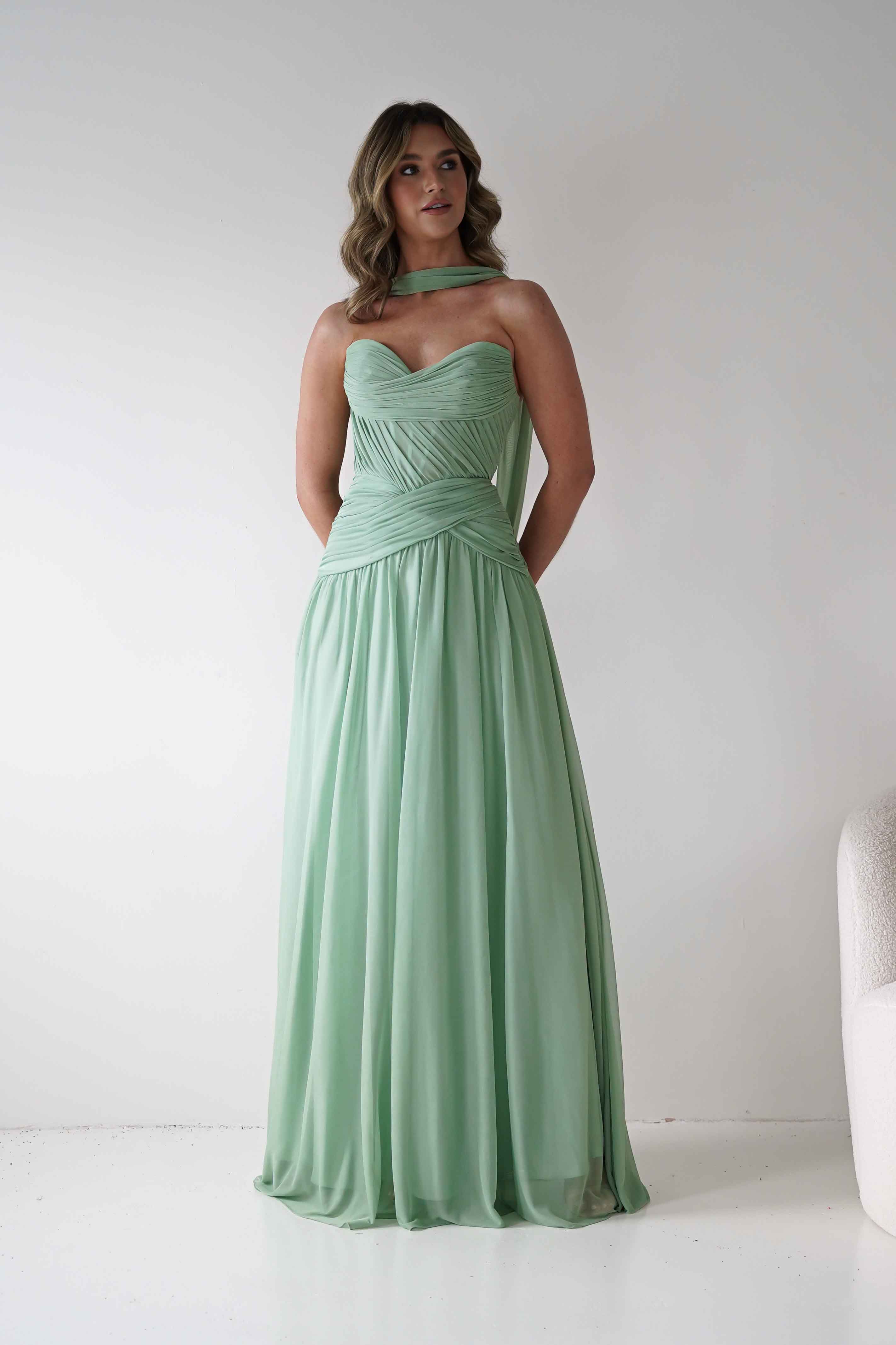 Nicolette Strapless Chiffon Maxi Gown | Sage