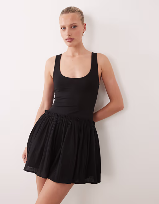 dropped waist mini dress with crinkle cotton skirt in black