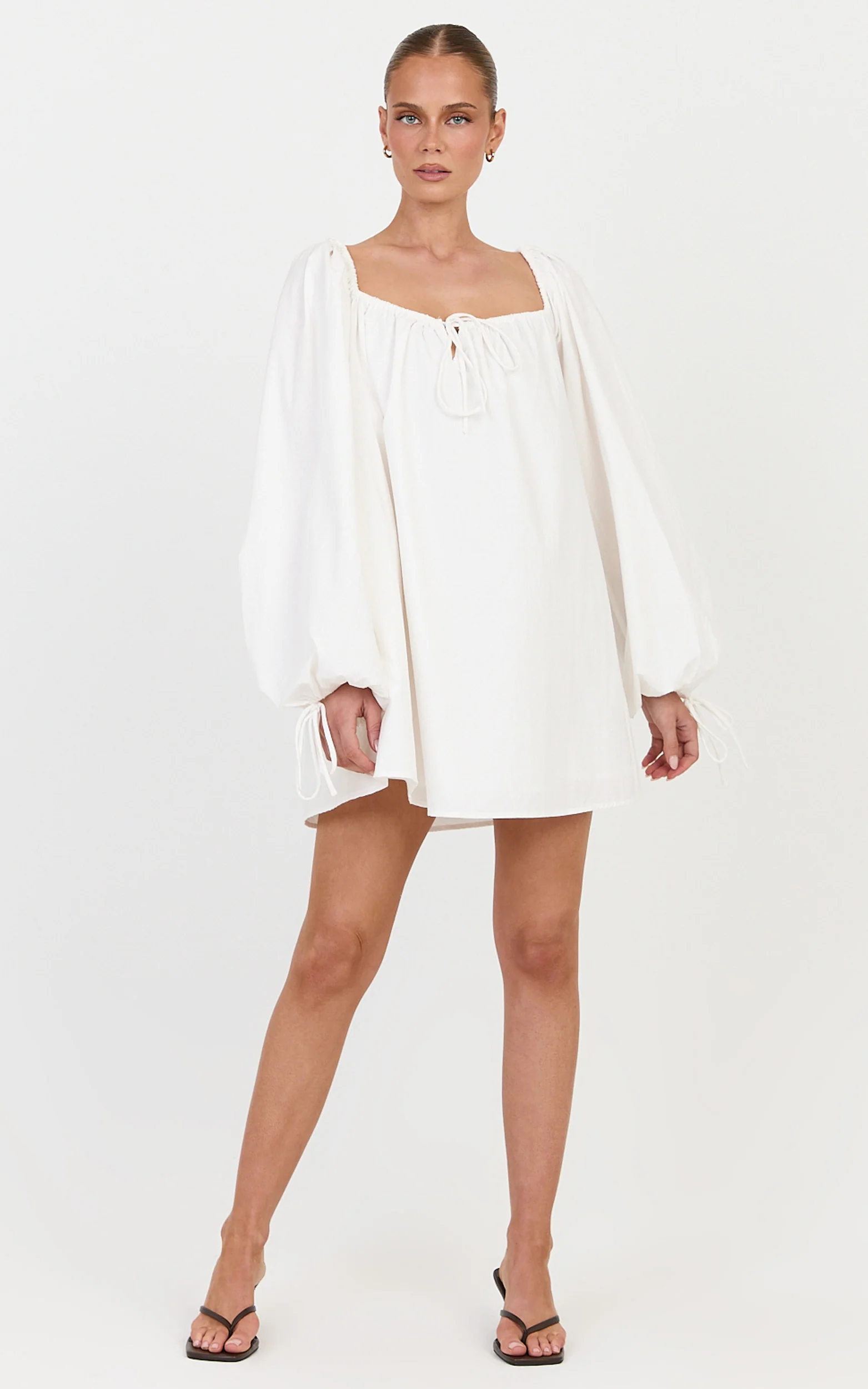 Brixton Mini Dress - Square Neck Smock Dress in White