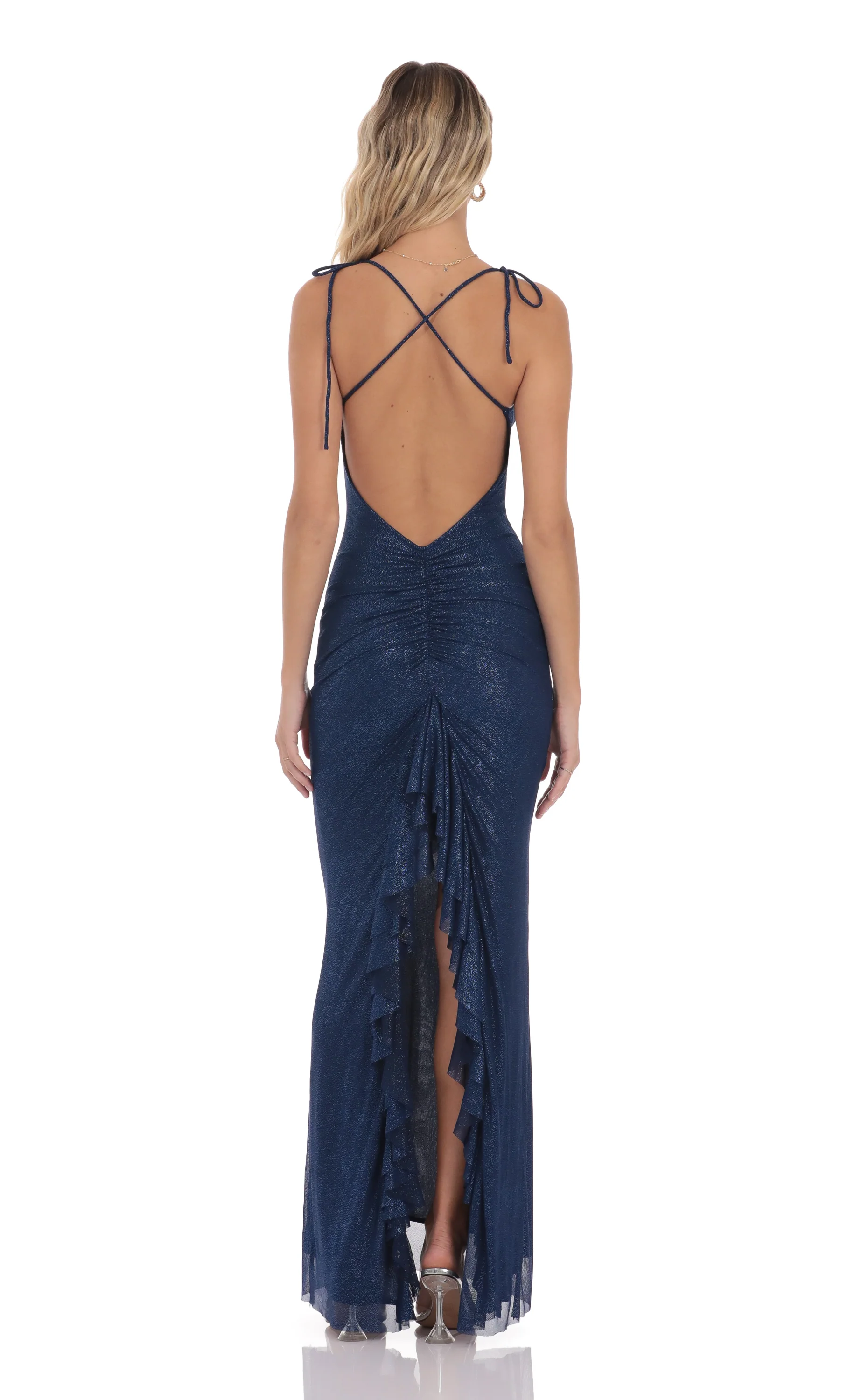 Foil Back Ruffle Maxi Dress in Navy