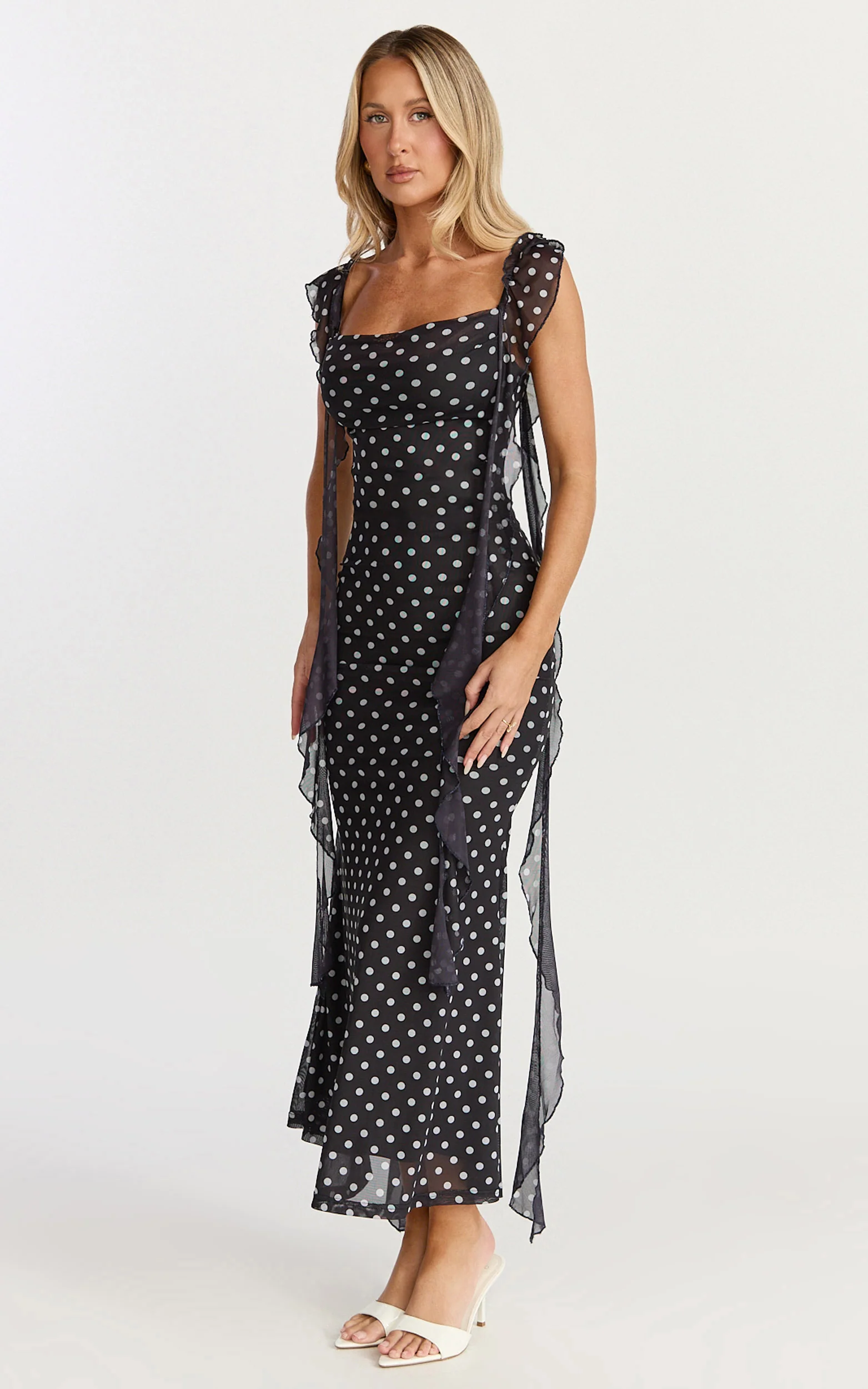 Rosha Midi Dress - Ruffle Strap Dress in Black Polkadot