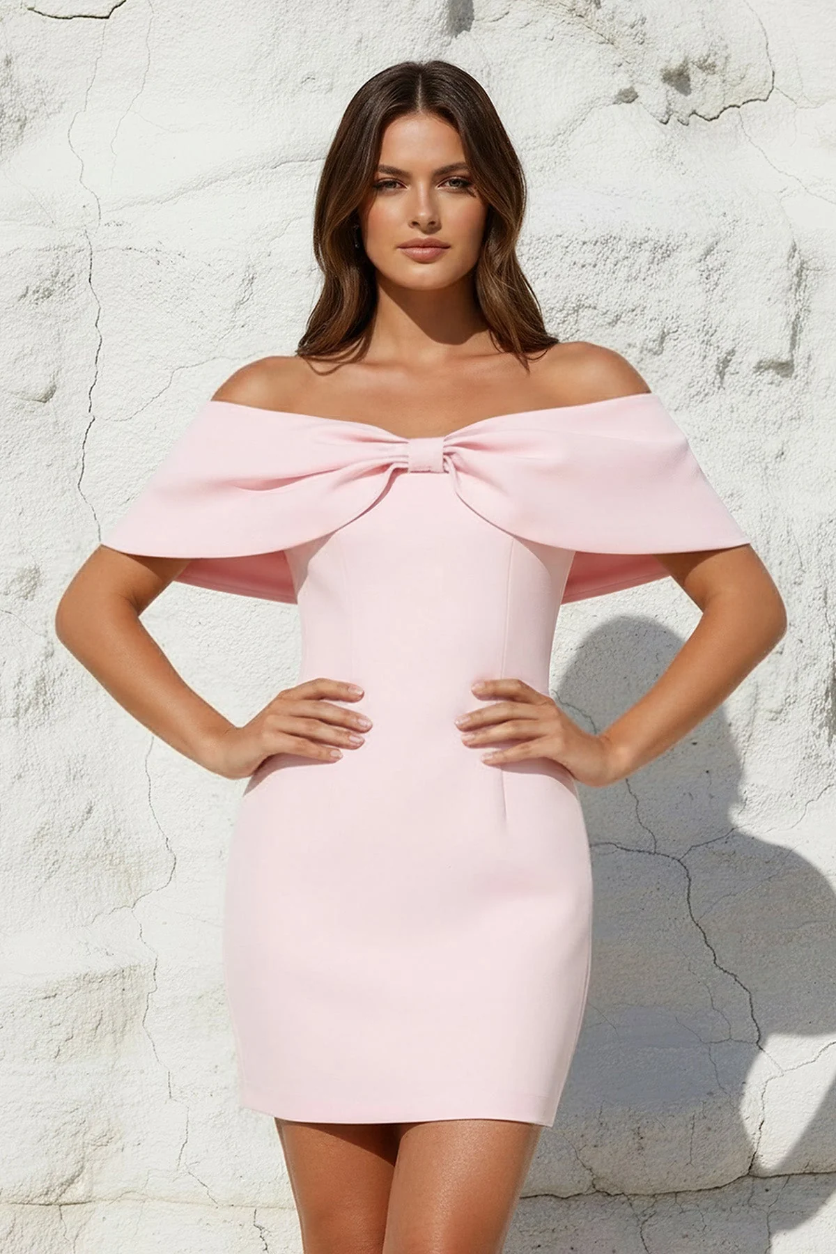 Off The Shoulder Mini Dress With Bow Cape in Pink - luluinthesky