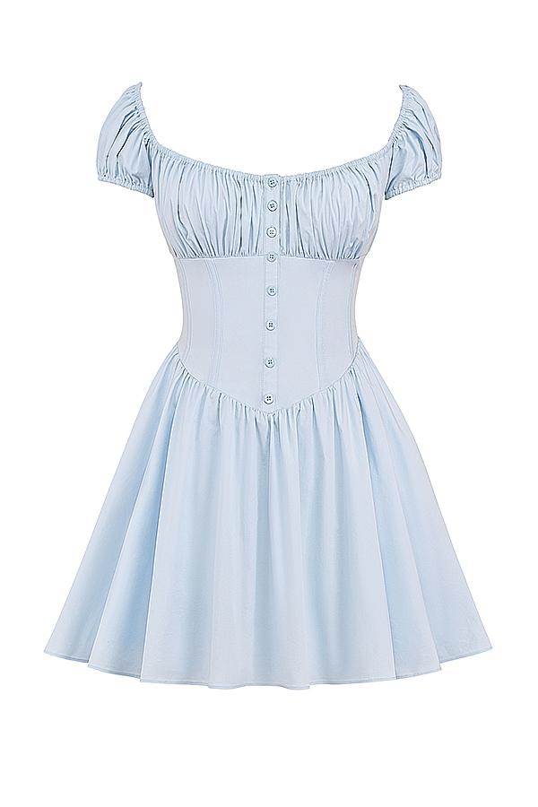 Soft Blue Cotton Gathered Mini Dress
