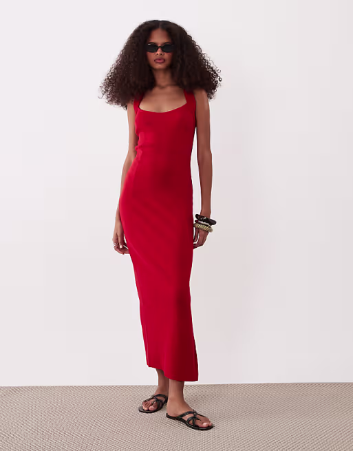 scoop front racer back seam detail midi dress in red