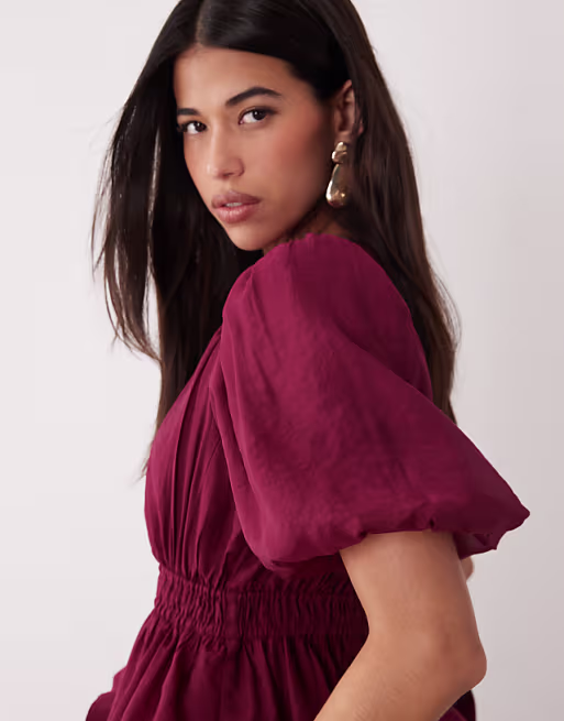 YAS premium volume tiered maxi dress in burgundy