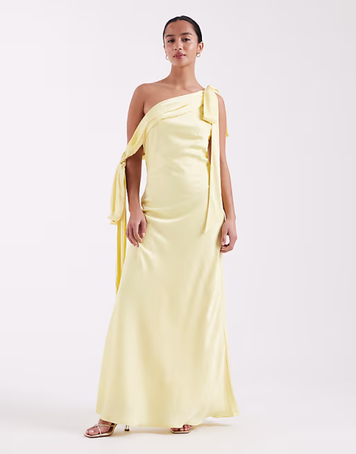 TFNC Petite Bridesmaids fallen shoulder satin maxi dress in yellow