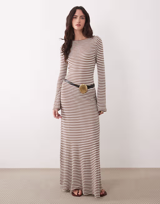 crochet look fabric long angel sleeve maxi dress in in monochromatic stripes