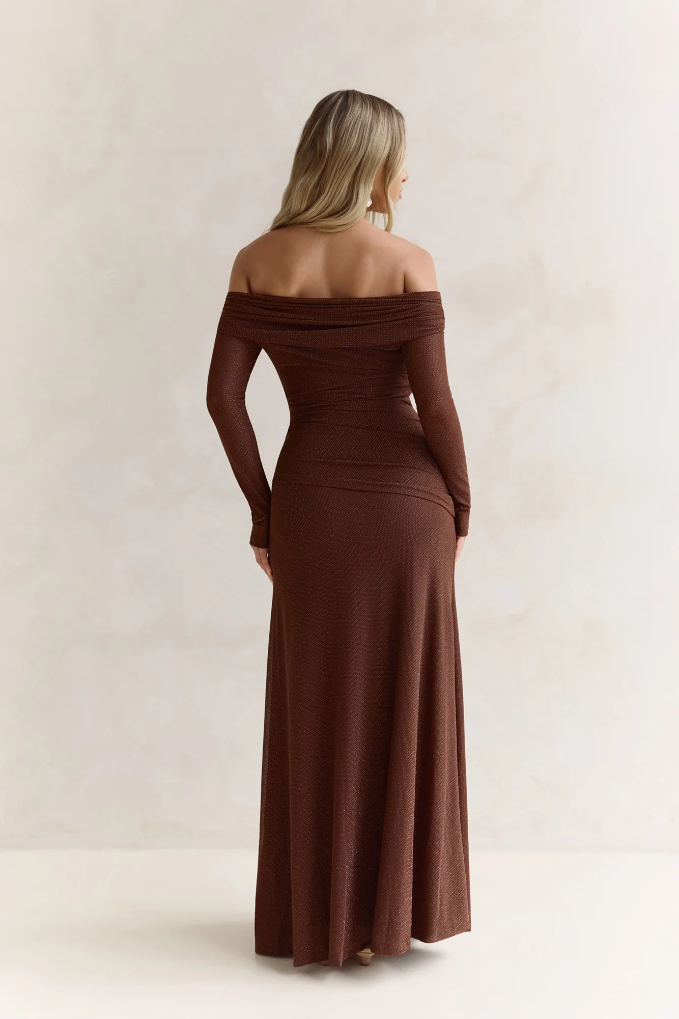 Carmelita Long Sleeve Off Shoulder Maxi Dress Brown