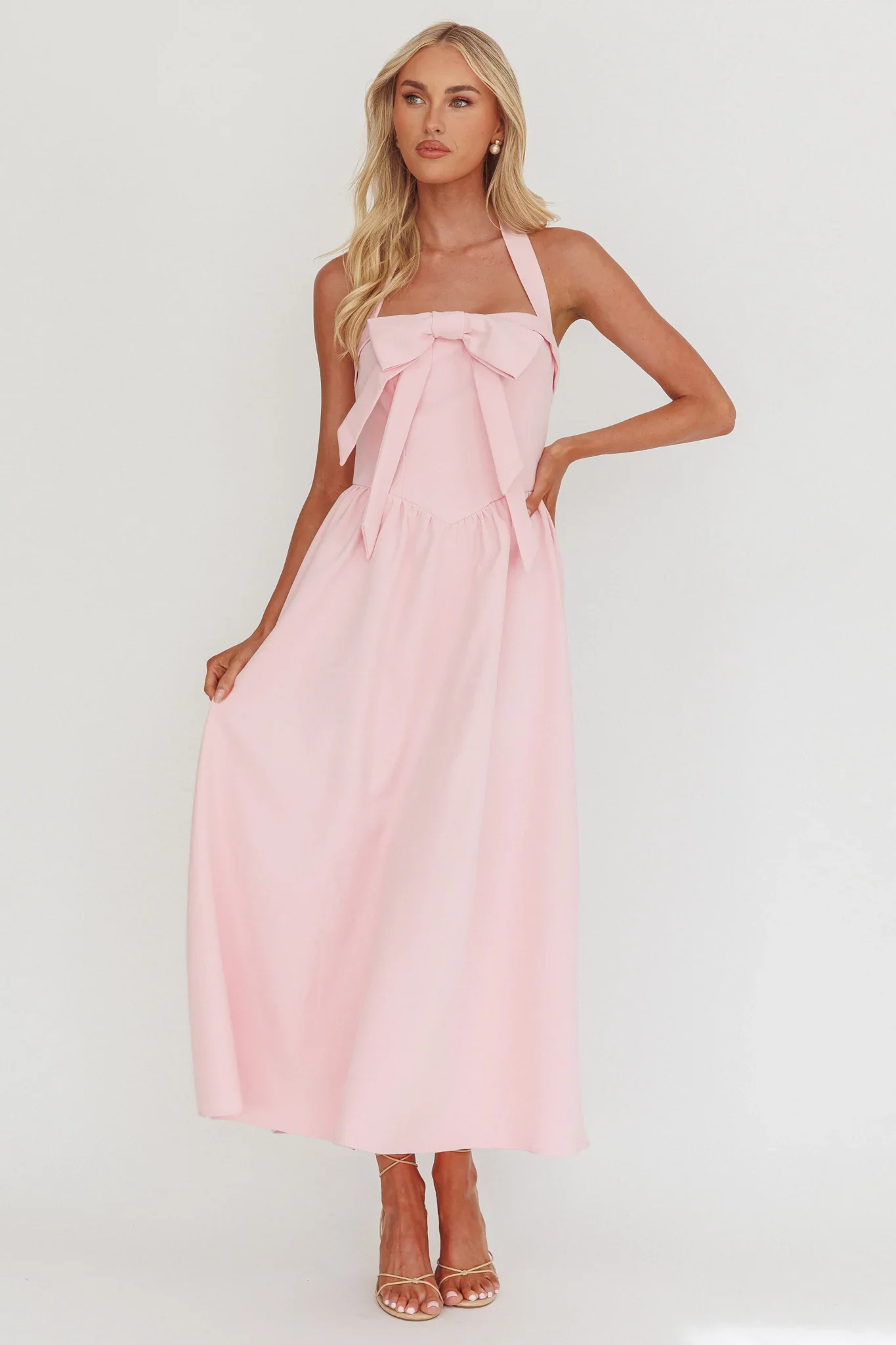 Ariarna Bow Halter Maxi Dress Pink Sorbet