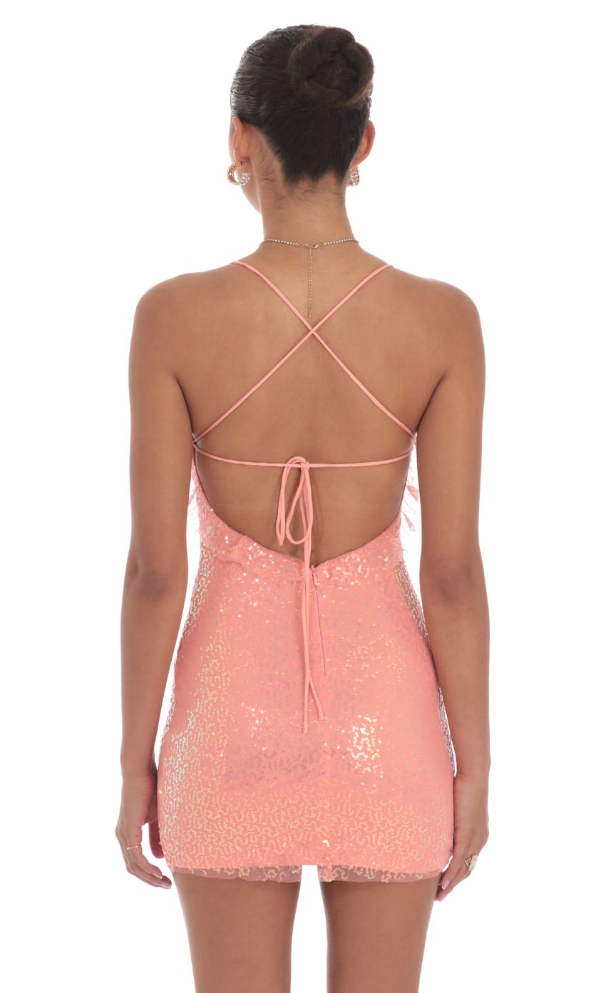 Sequin Ruffle Mini Dress in Coral