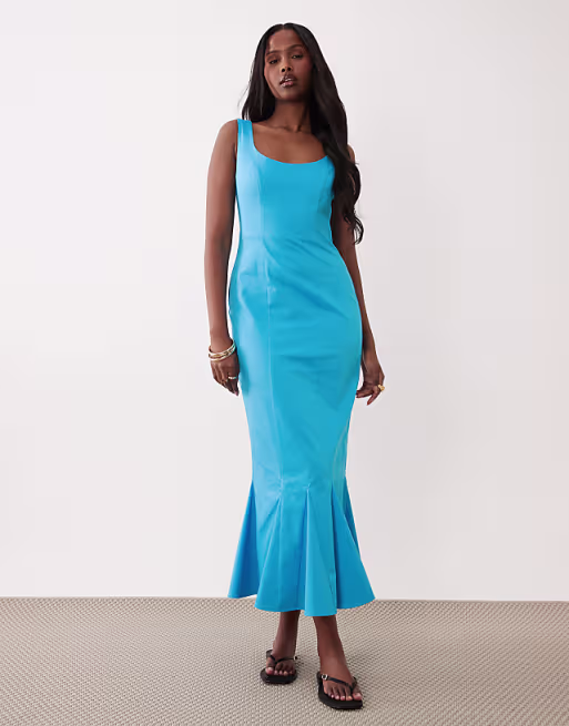 scoop neck fishtail godet midi sundress in tropical turquoise