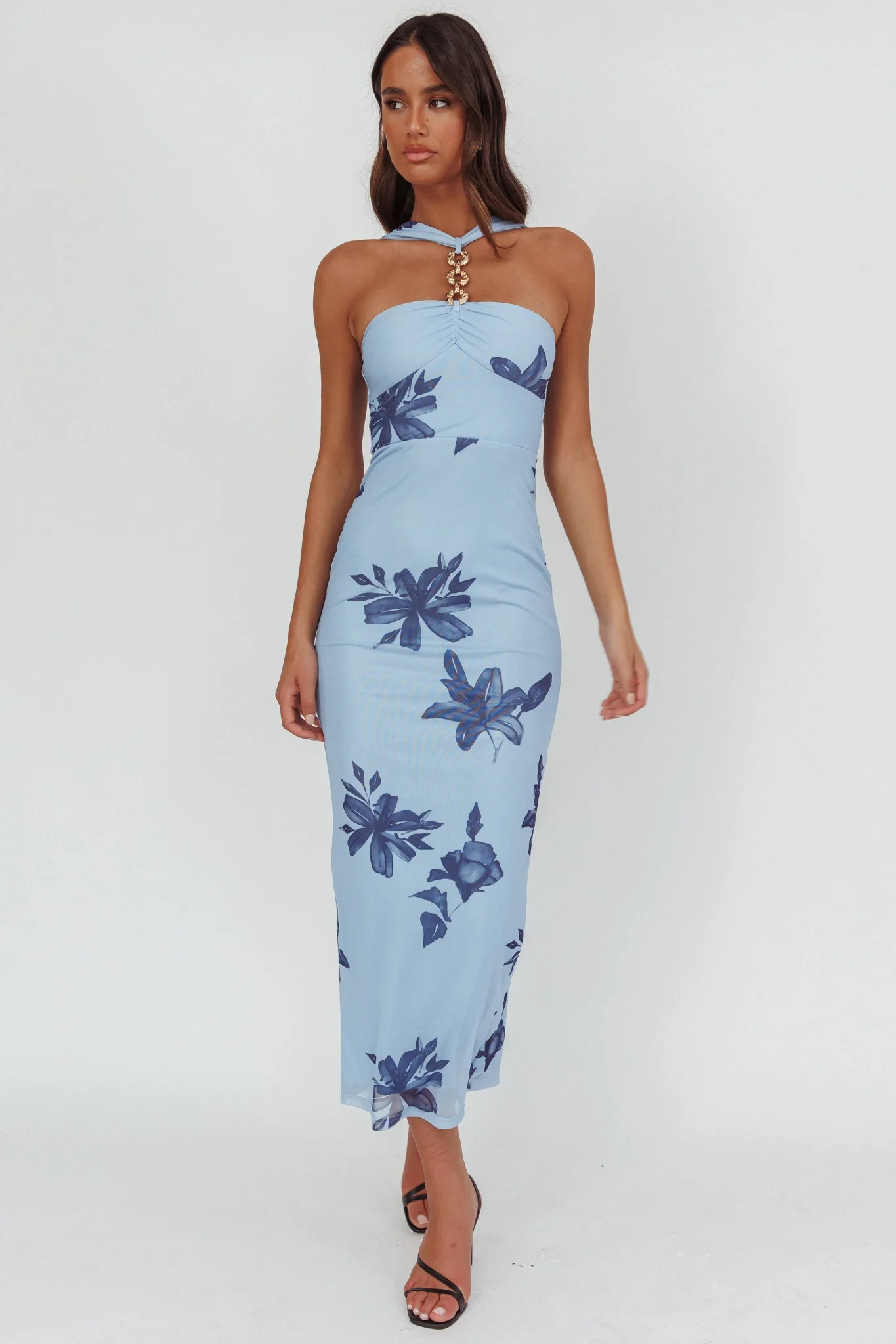 Maretha Gold Link Neckline Maxi Dress Lily Blue