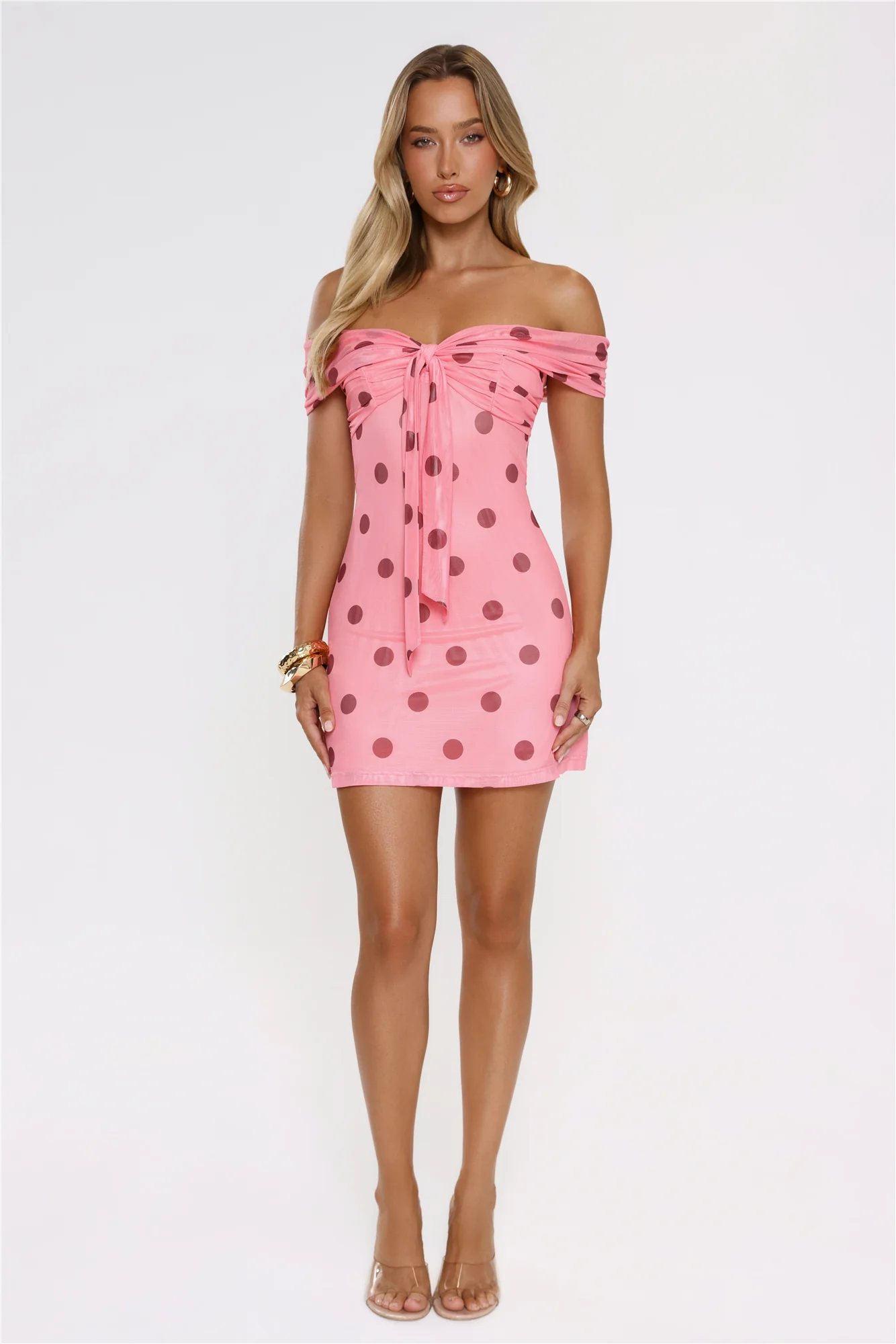 Take The Hint Off Shoulder Mesh Polka Dot Mini Dress Pink