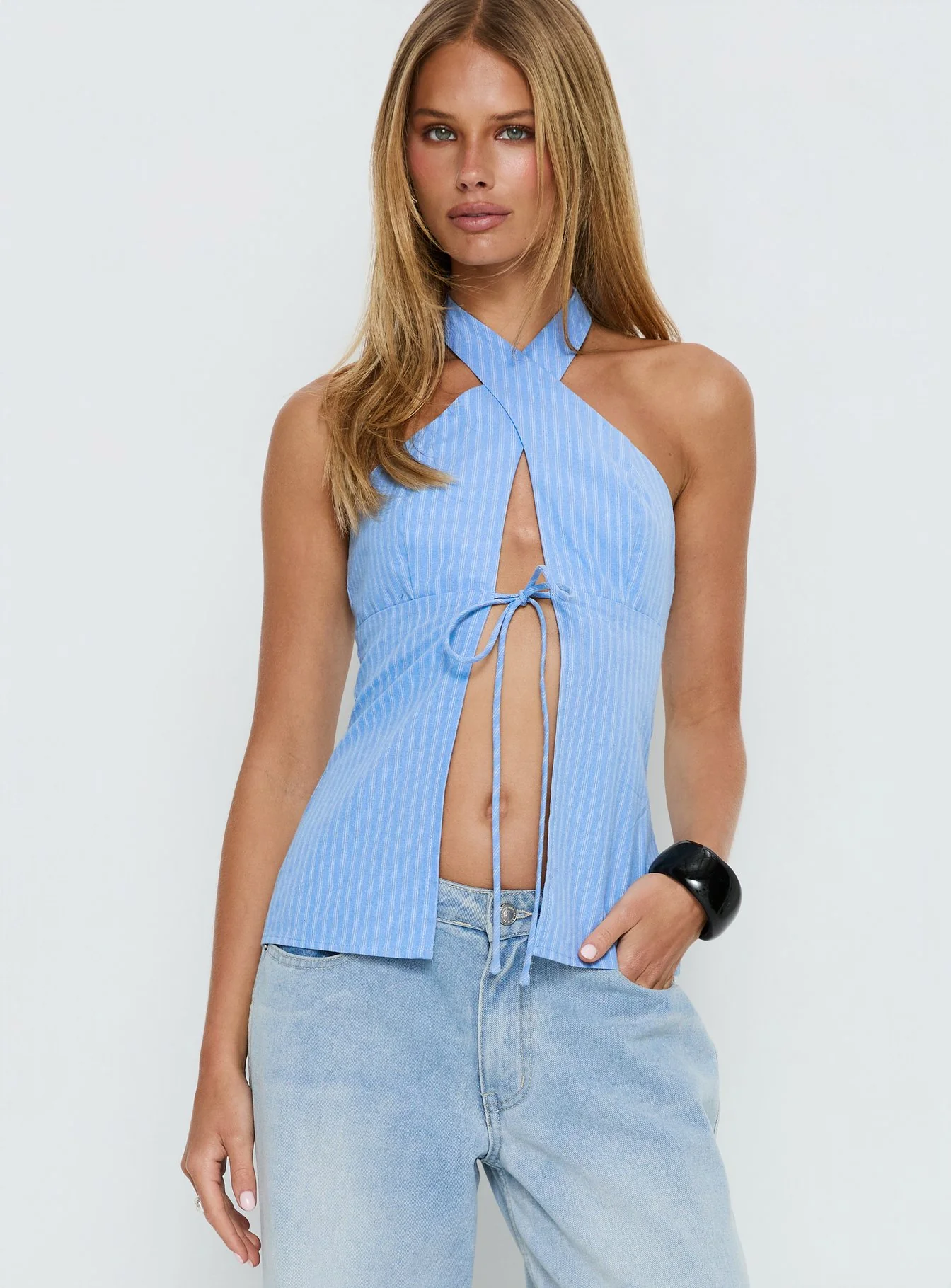 Sensational Cross Front Tie Detail Top Blue Stripe
