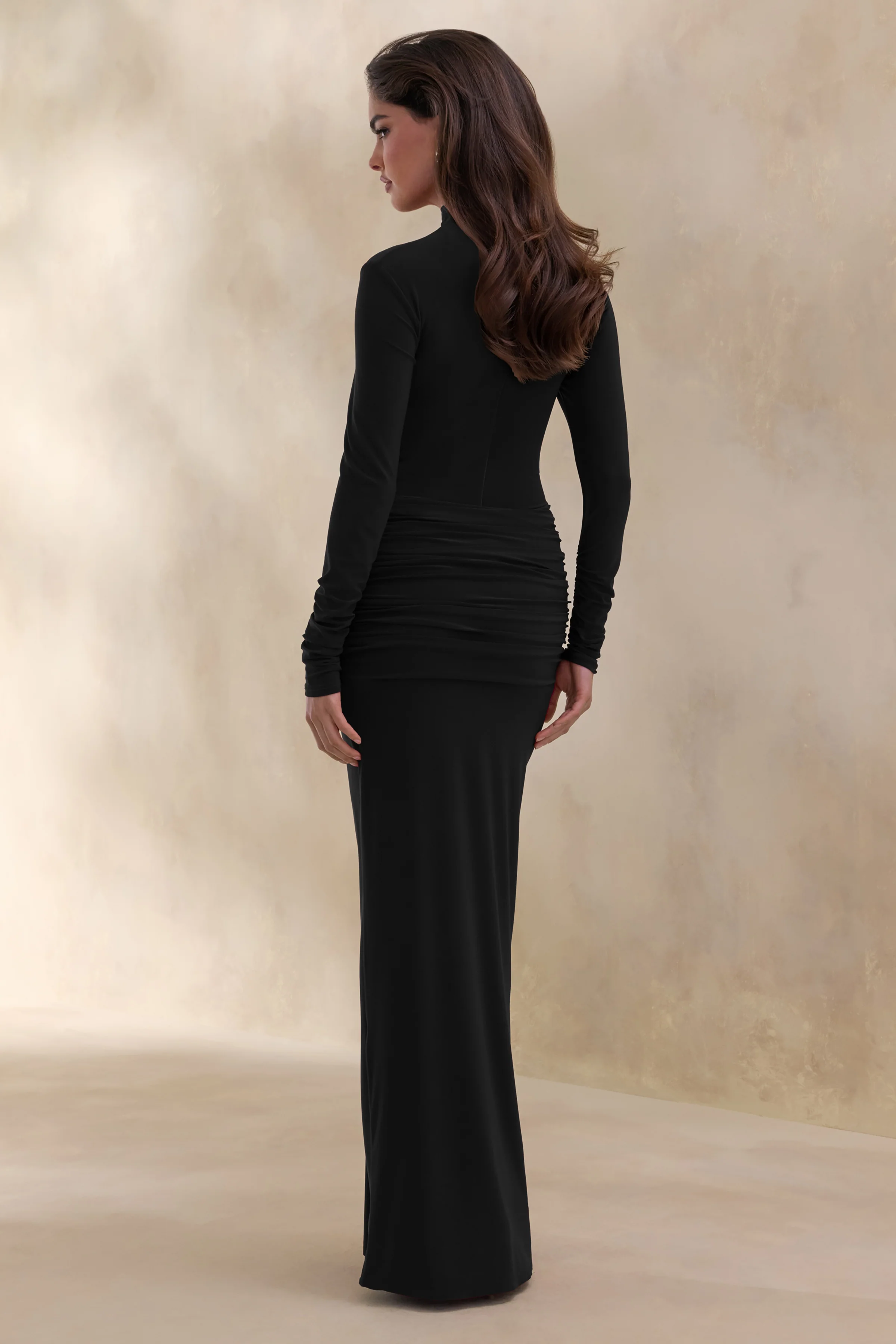 Ambrette | Black High-Neck Maxi Dress With Gathered-Detailing