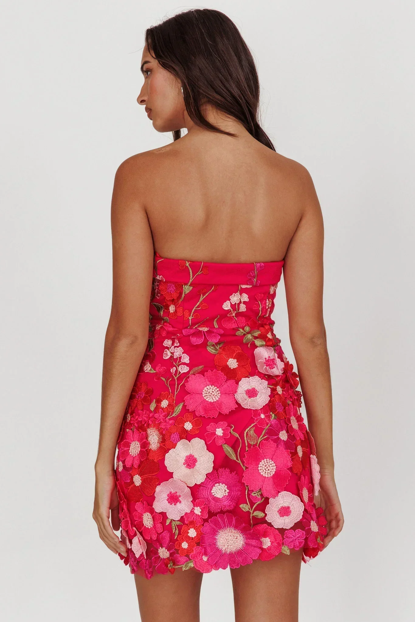 Flora Day Strapless Floral Embellished Mini Dress Fuchsia
