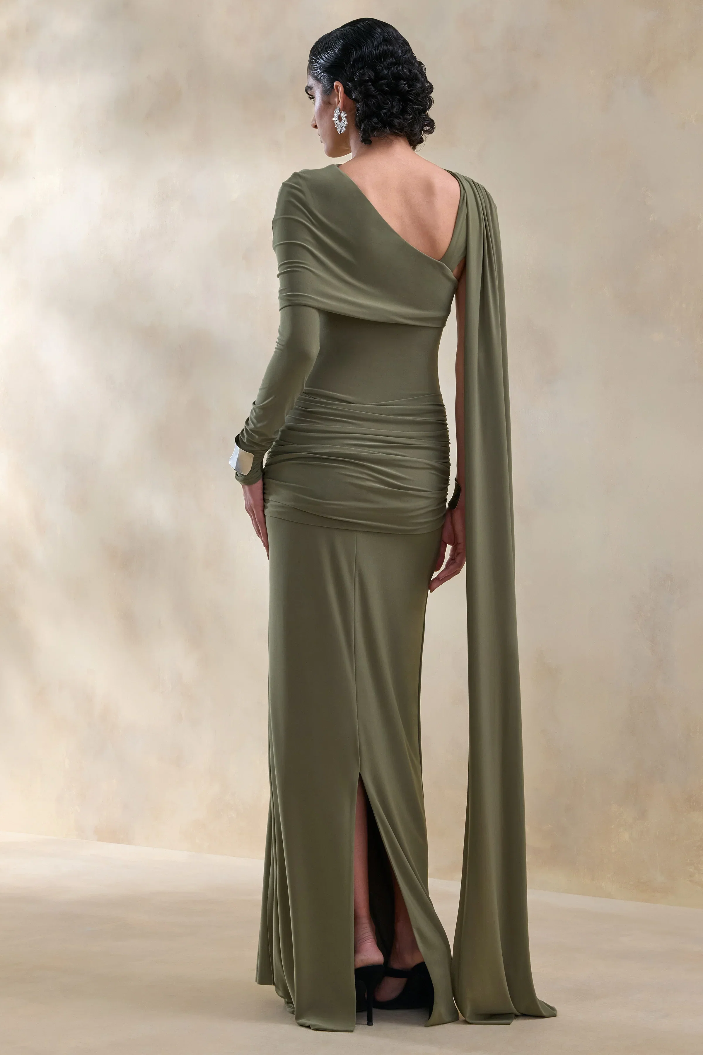Trisara | Olive Asymmetric-Neck Maxi Dress With Gathered-Detailing And Sash