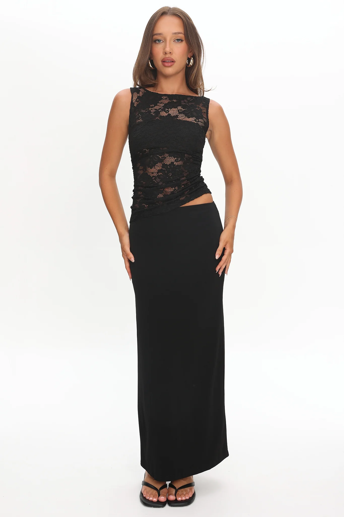 Lorely Ruched Lace Bodice Maxi Dress Black