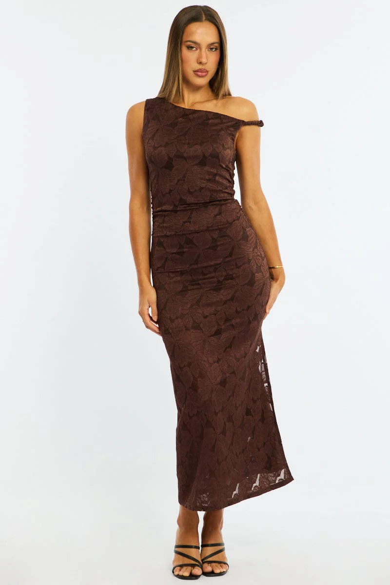 Brown Off Shoulder Midi Dress