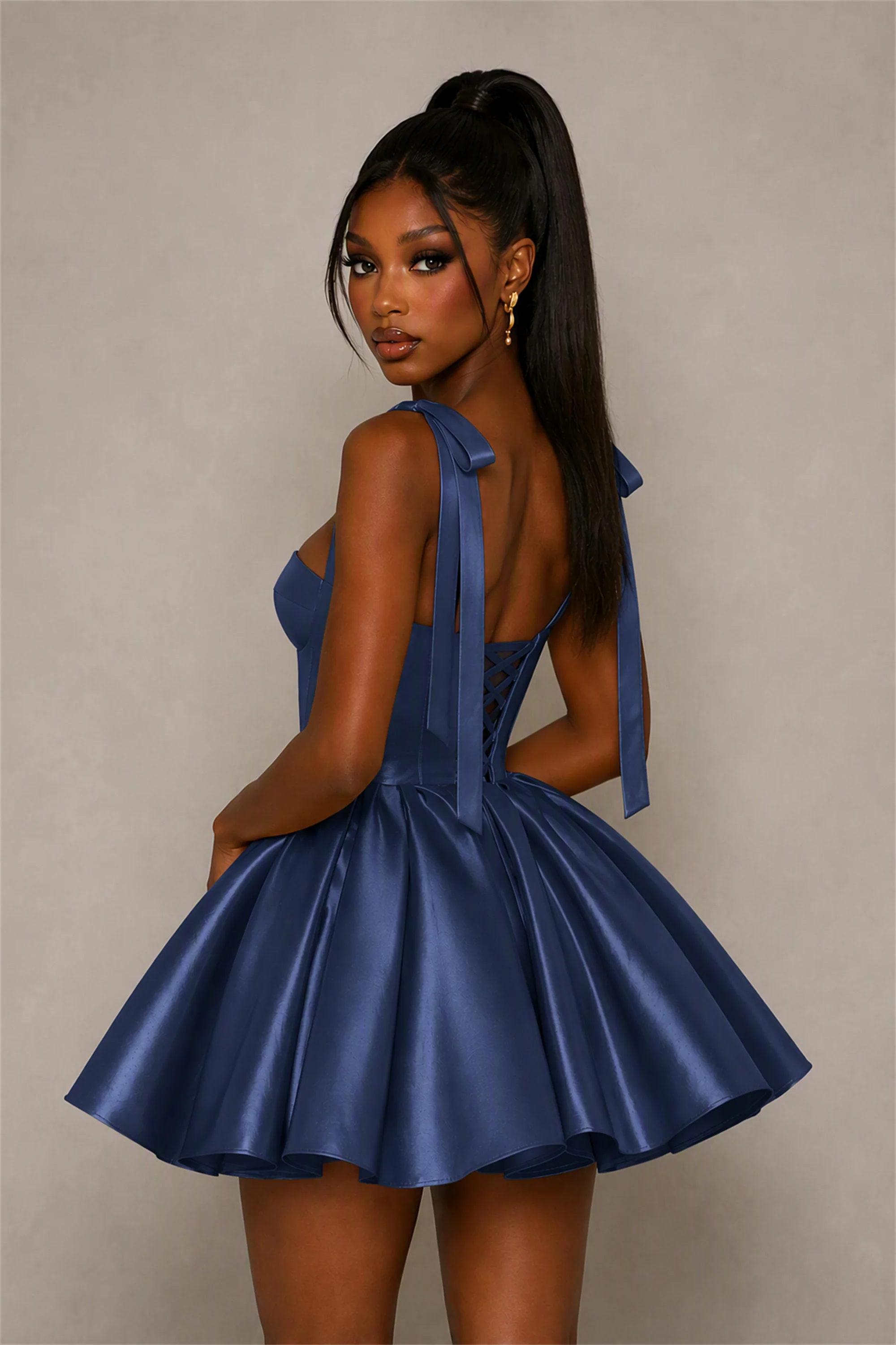 BOLODOO Navy Blue Satin Sweetheart Corset Bow Strap Lace-Up Open Back Full Skirt Mini Dress | Prom Cocktail Party Dress