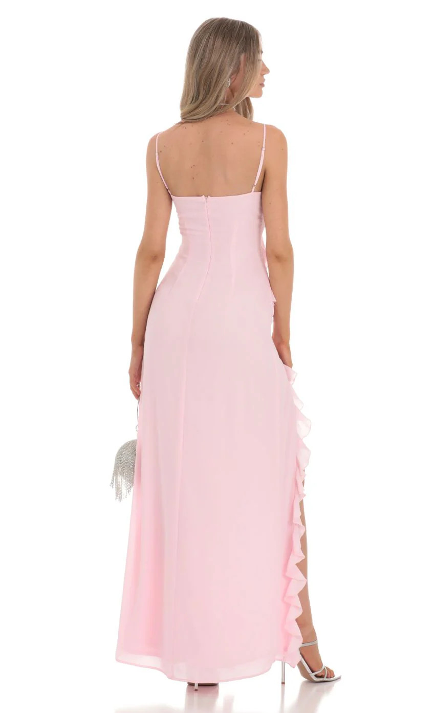 Ruffle V-Neck Maxi Dress in Pink - luluinthesky