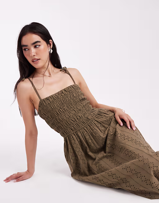 Miss Selfridge strappy broderie maxi dress in khaki