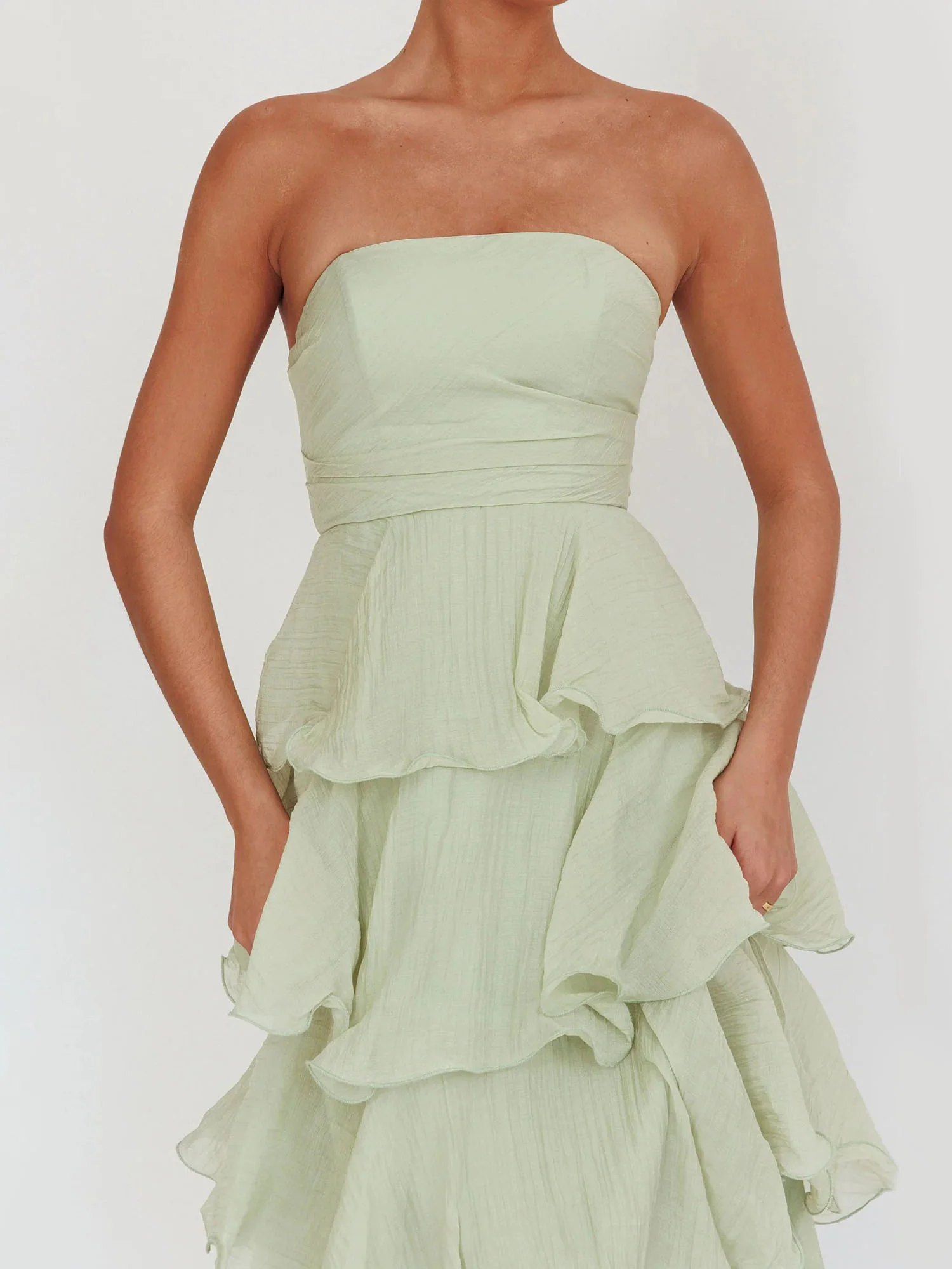 Light Green Strapless Tiered Midi Dress