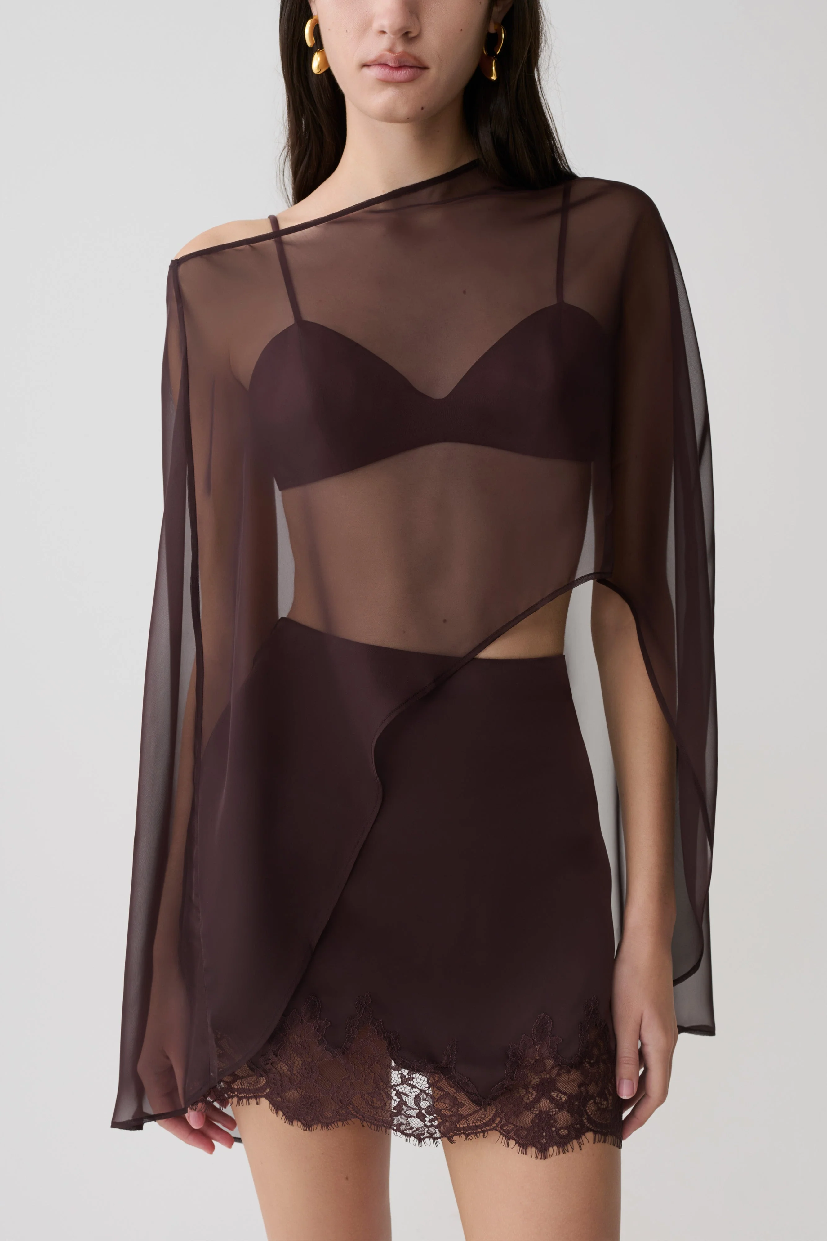Kirstine Bralette With Chiffon Cape - Chocolate