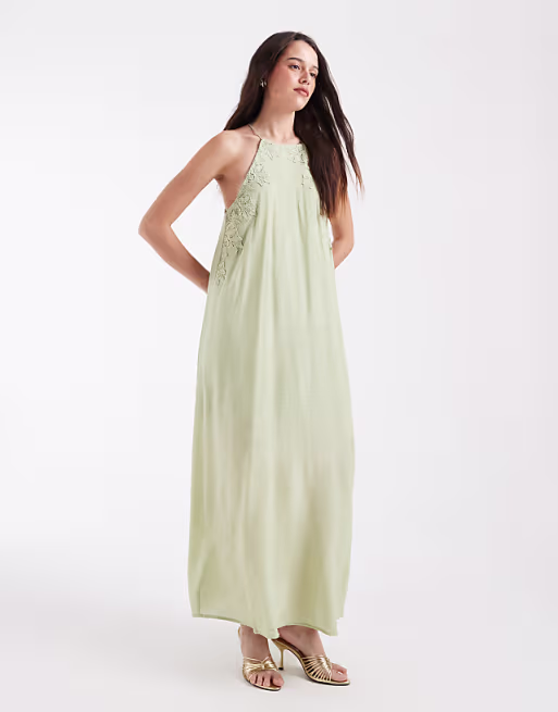 Object textured halter neck maxi dress with embroidery in sage green