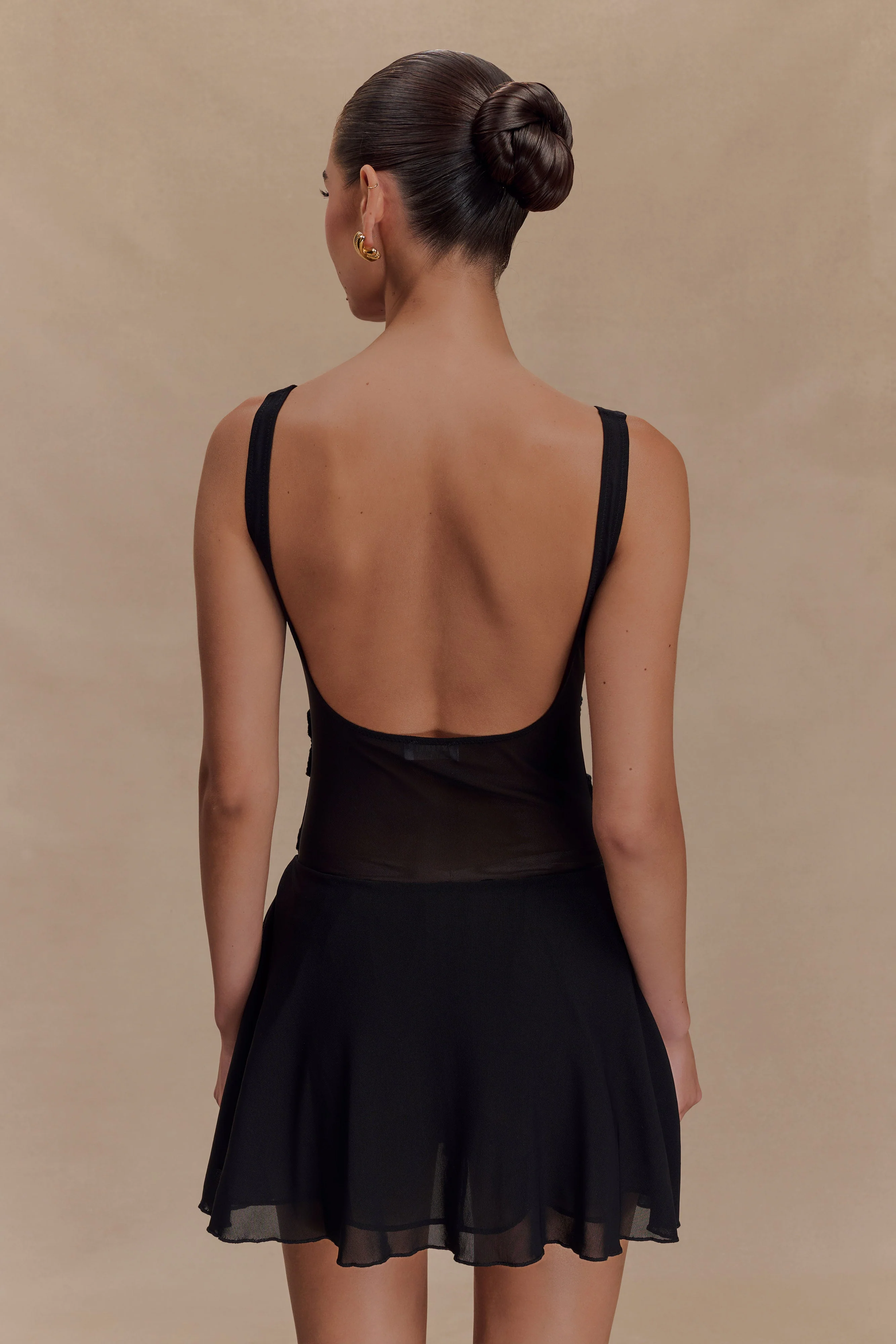 Melanie Mesh Mini Dress With Flowers - Black