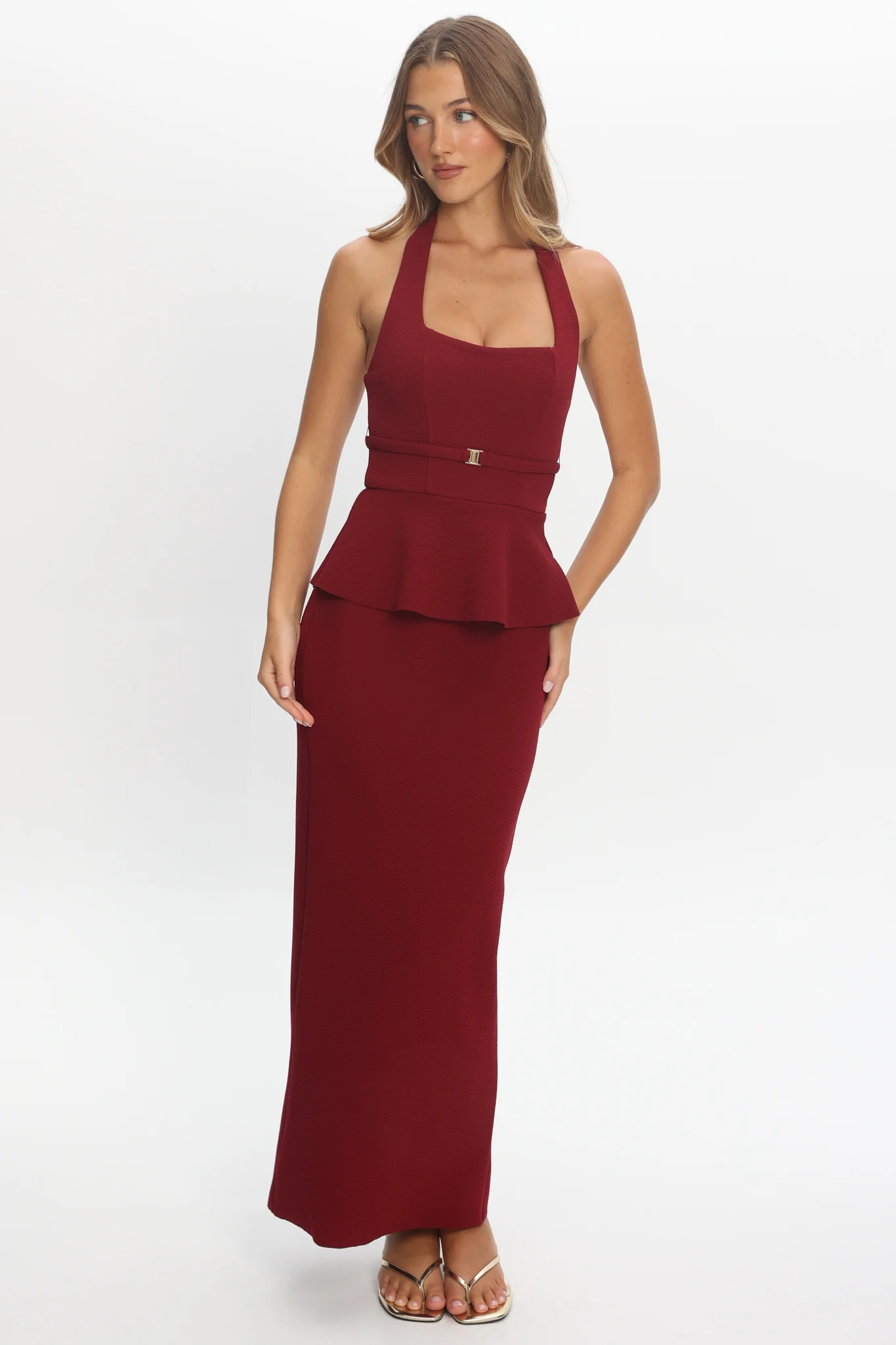 Fire Of Stars Peplum Halterneck Maxi Dress Cherry