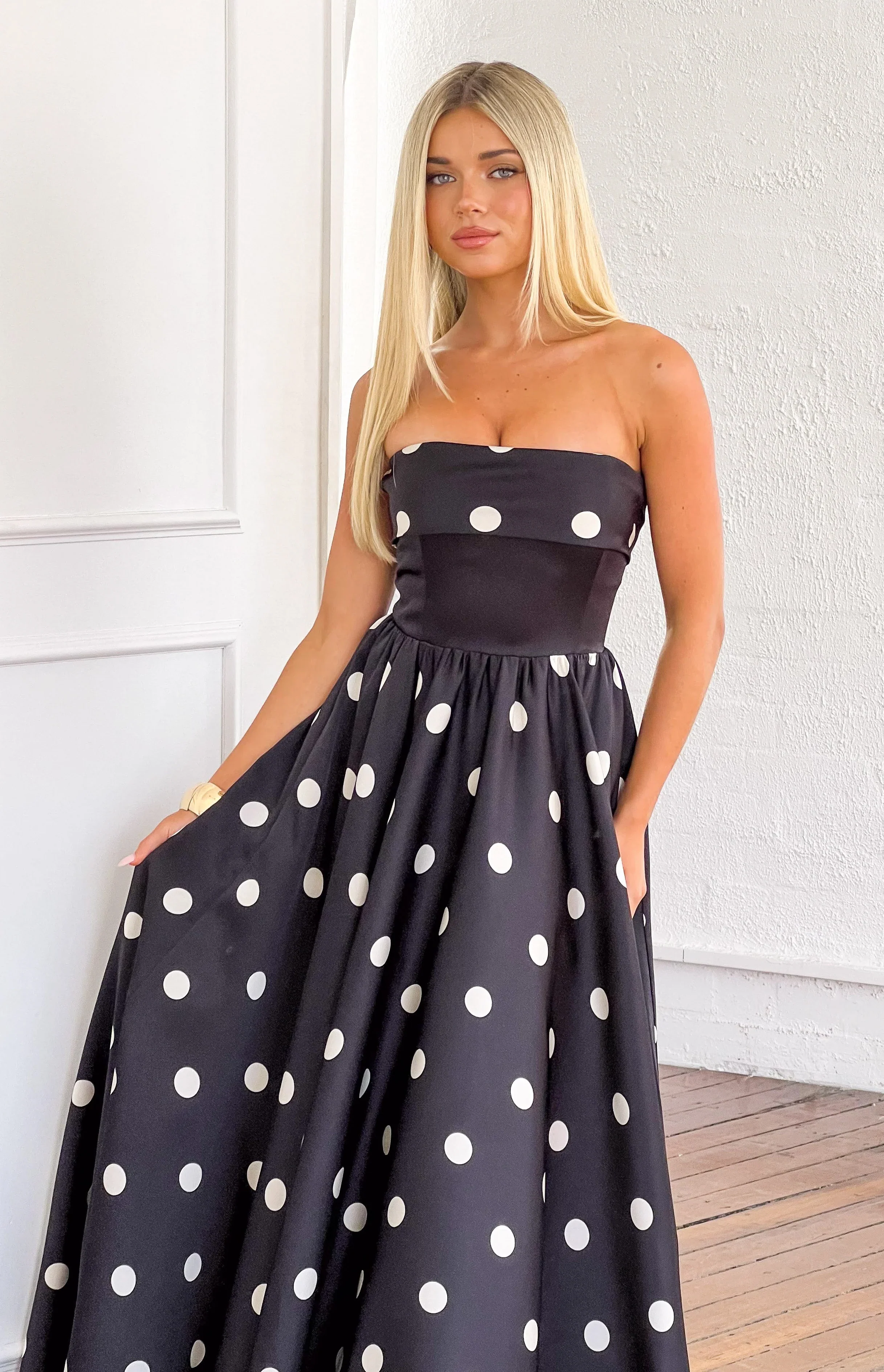 Julianne Strapless Polka Dot Satin Maxi Dress