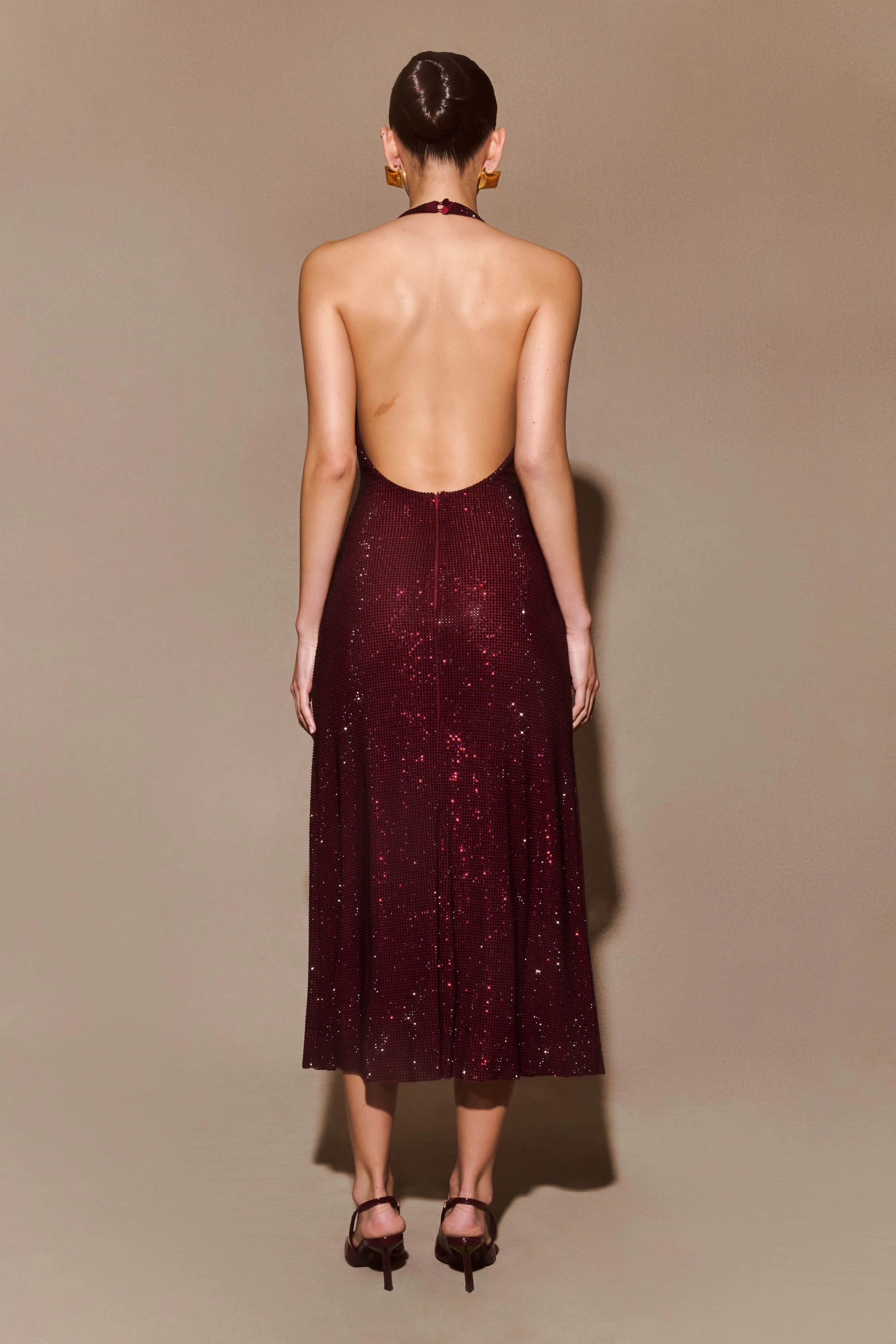 Genie Diamante Halter Midi Dress - Mahogany
