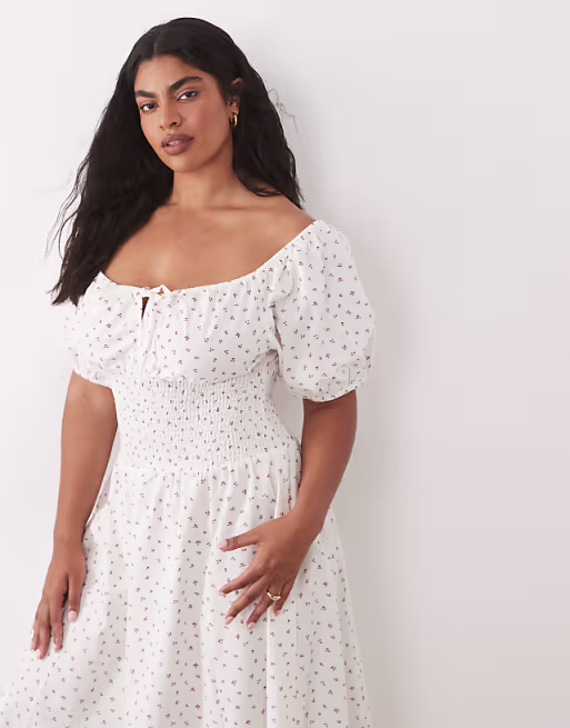 Esmée Curve tie front puff sleeve maxi dress in white ditsy floral