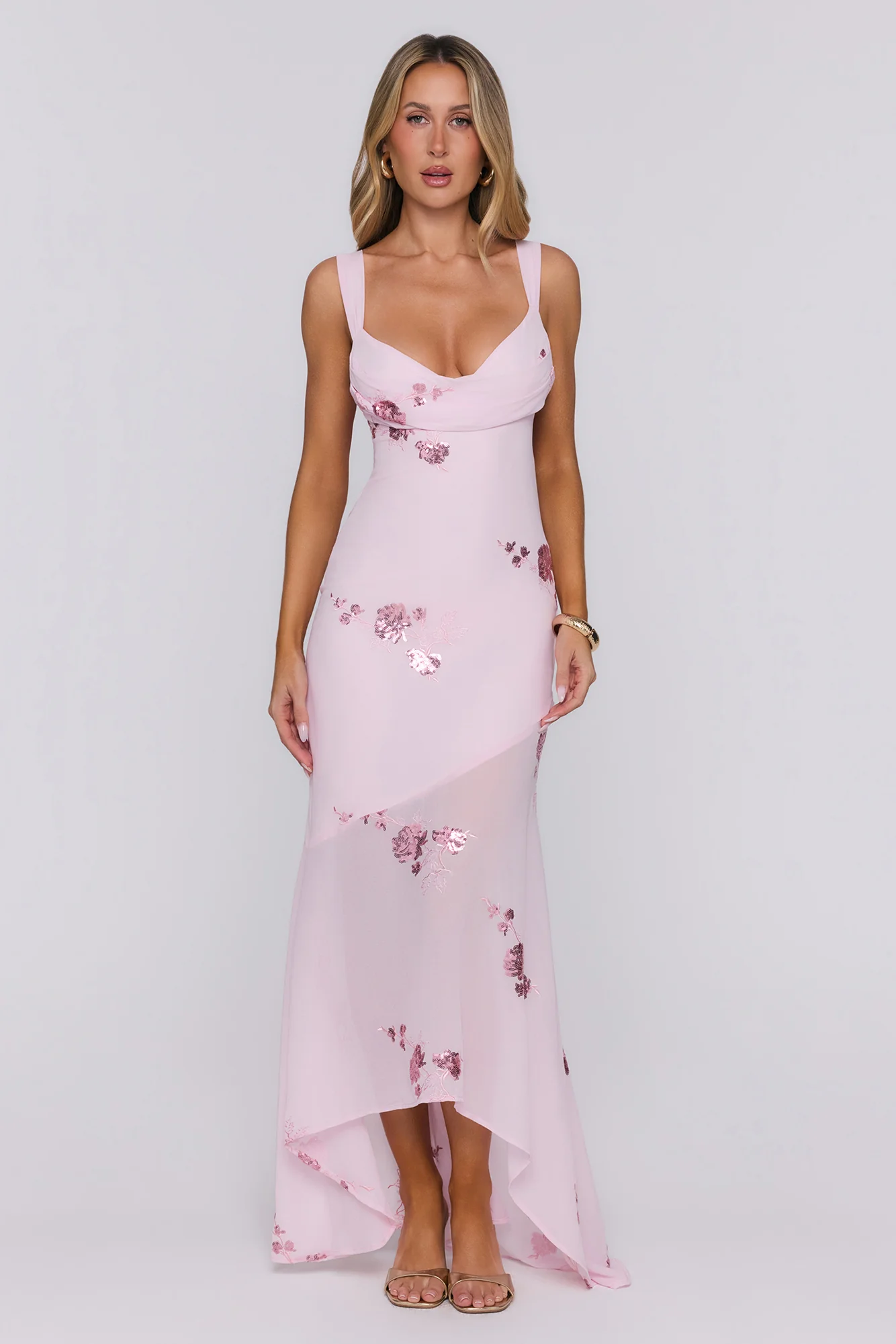 Flirty Sequin Embroidered High-Low Maxi Dress Pink