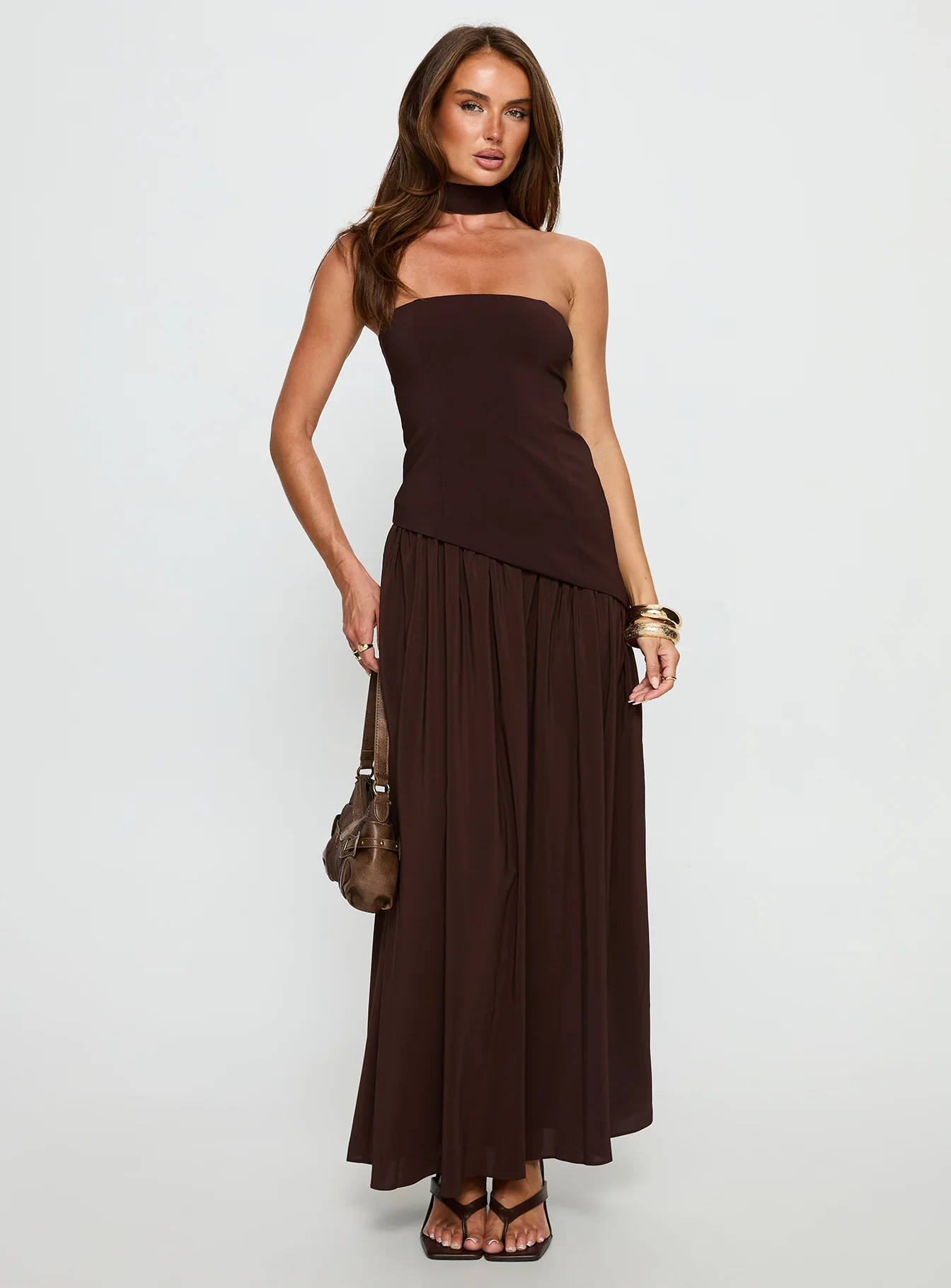 Odela Strapless Scarf Drop Waist Maxi Dress Chocolate