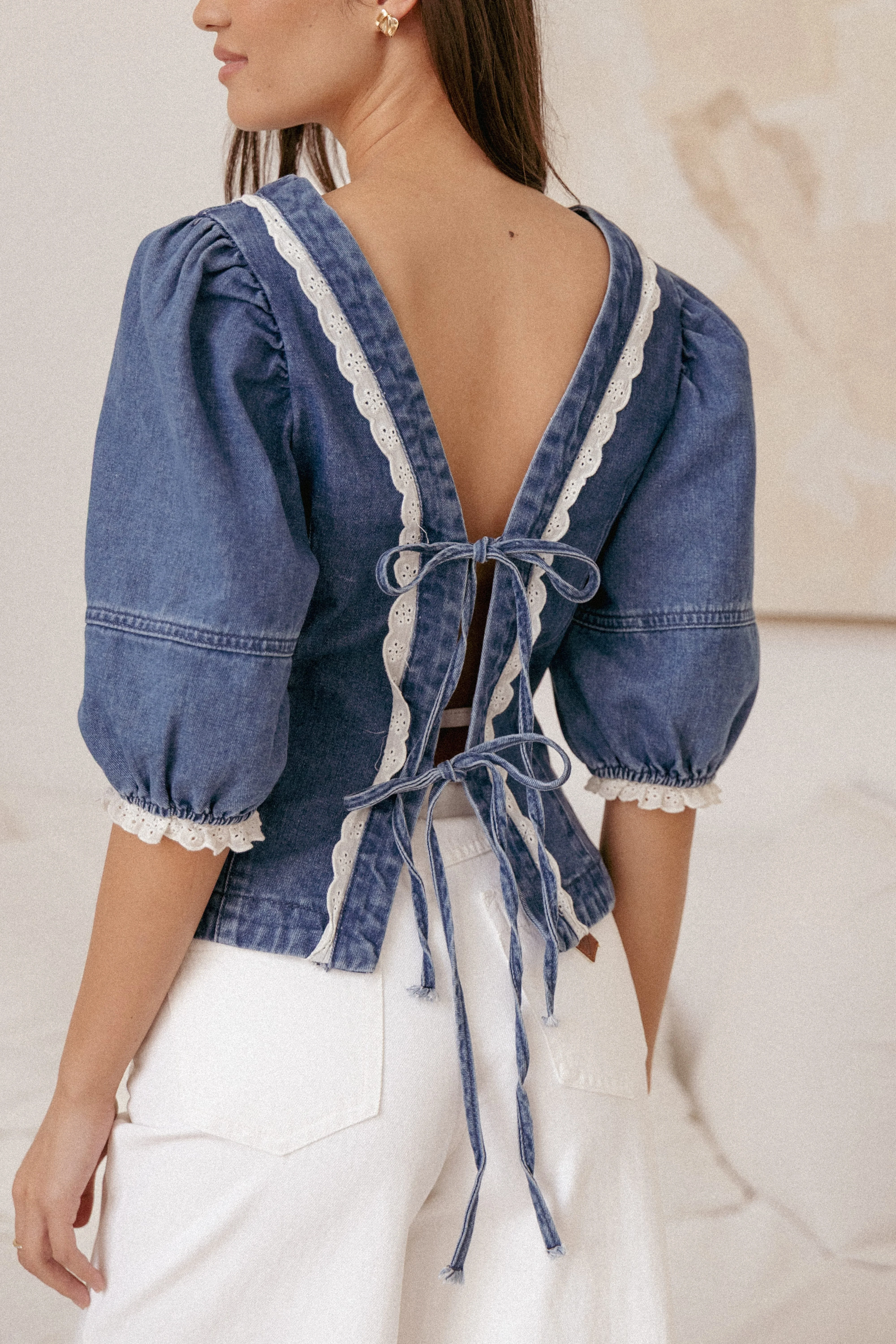 Merli Denim Open Back Top - Blue Medium Wash