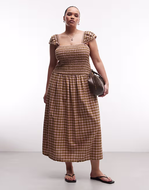COLLUSION Plus shirred cap sleeve midi dress in green check