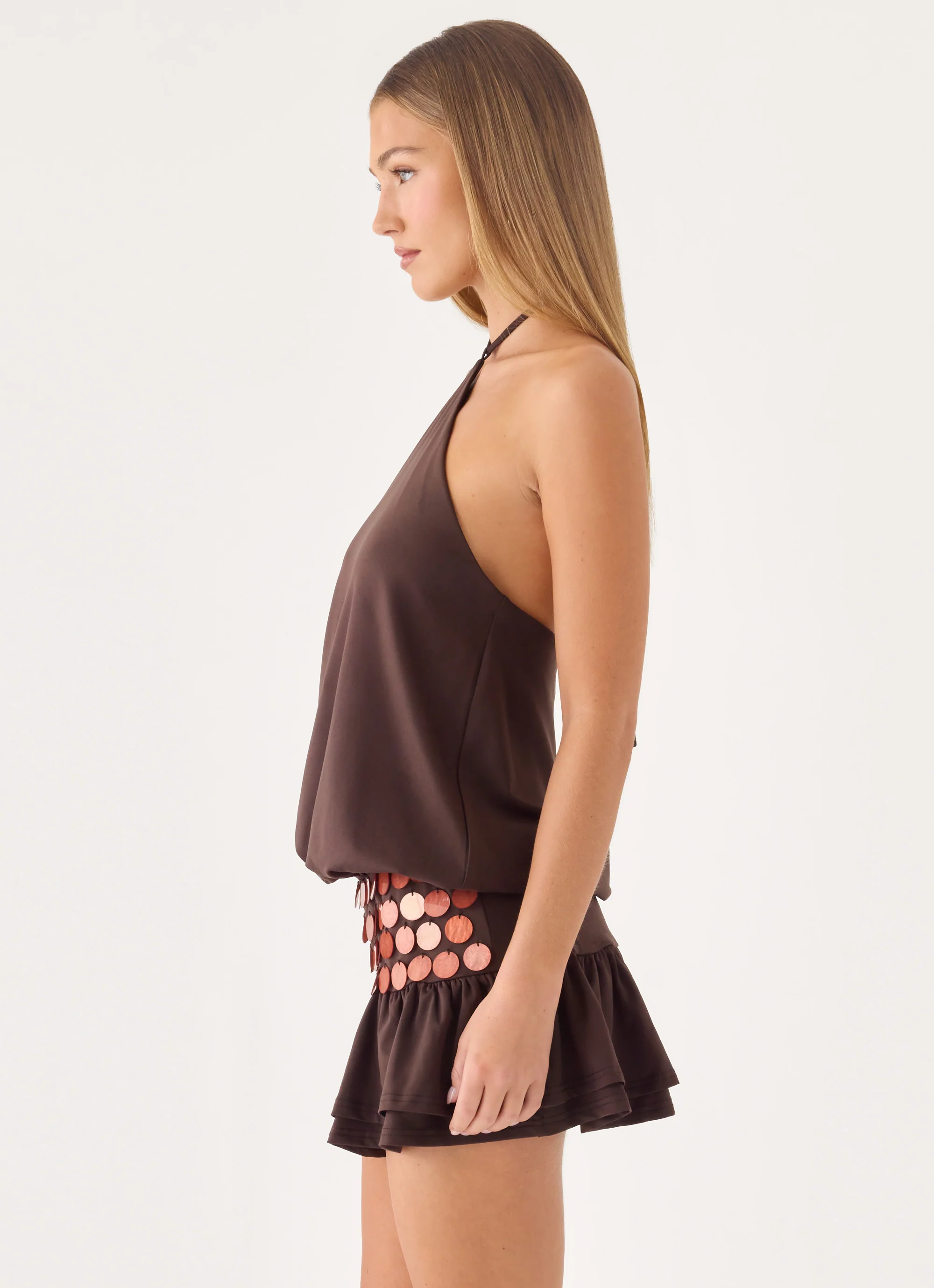 Melosa Beaded Halter Mini Dress - Chocolate - luluinthesky