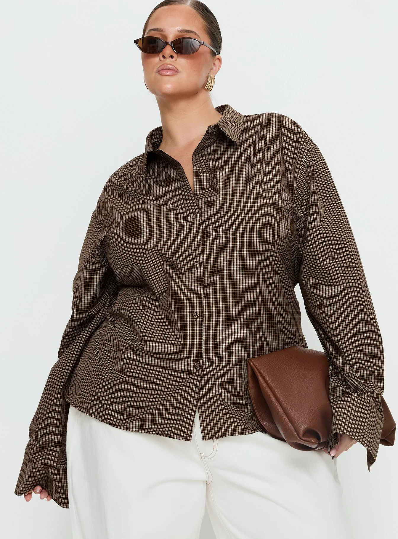 Xinia Tie Waist Long Sleeve Shirt Brown Check Curve