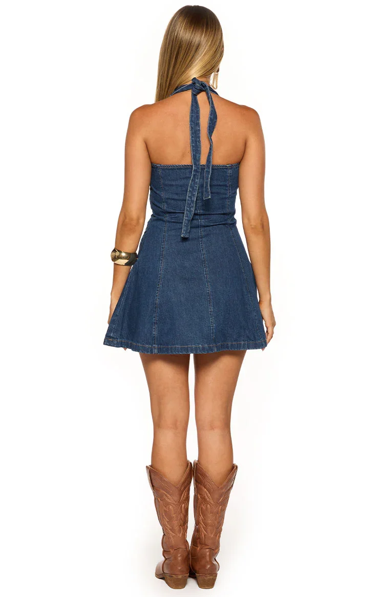 Isalin Mid Wash Denim Halter Mini Dress
